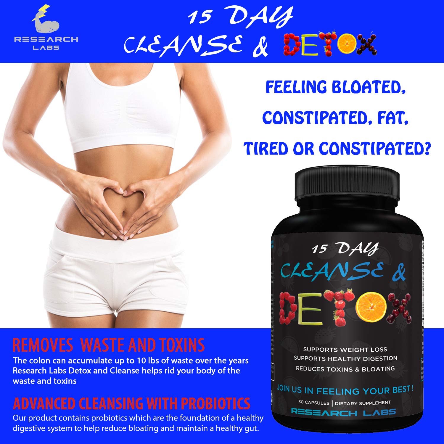 Research Labs detox capsules inside view suggesting toxin elimination and bloating relief.
