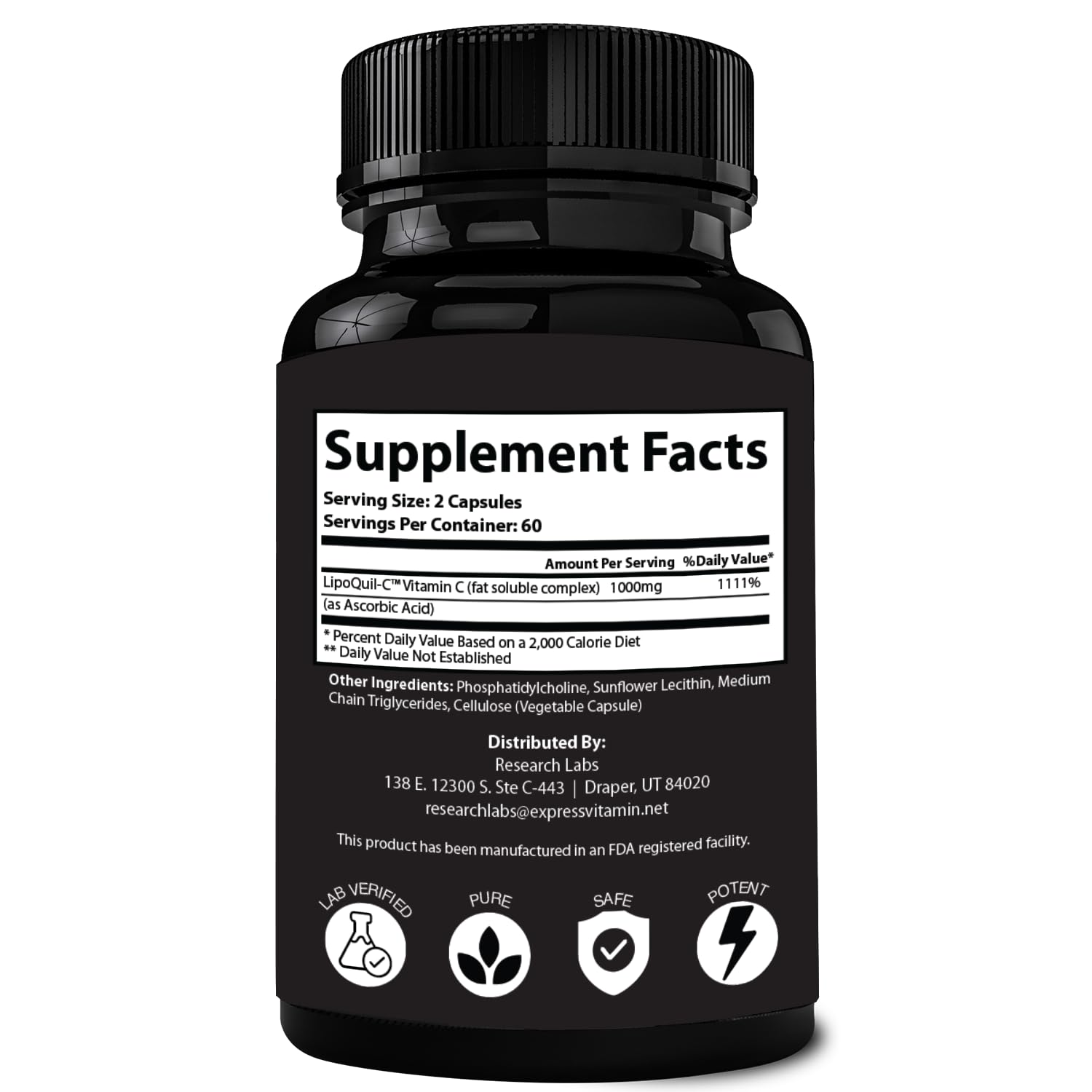 Packaging shot of Research Labs LipoQuil-C bottle.