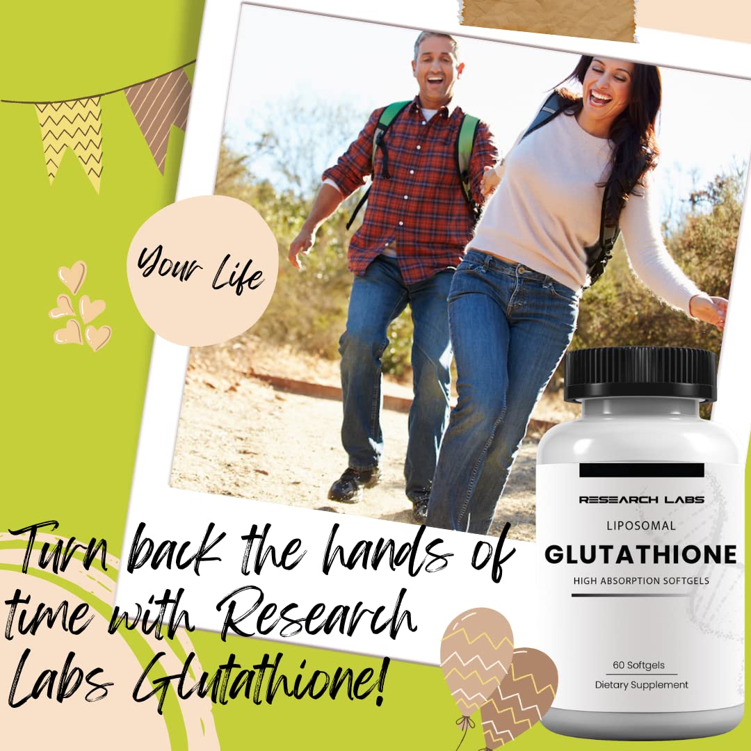 Research Labs liposomal glutathione softgels packaging for daily wellness.
