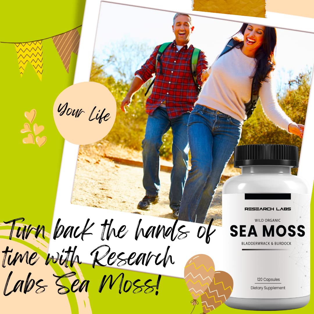 Research Labs sea moss bottle label showing ingredients and potential thyroid-related nutrients.