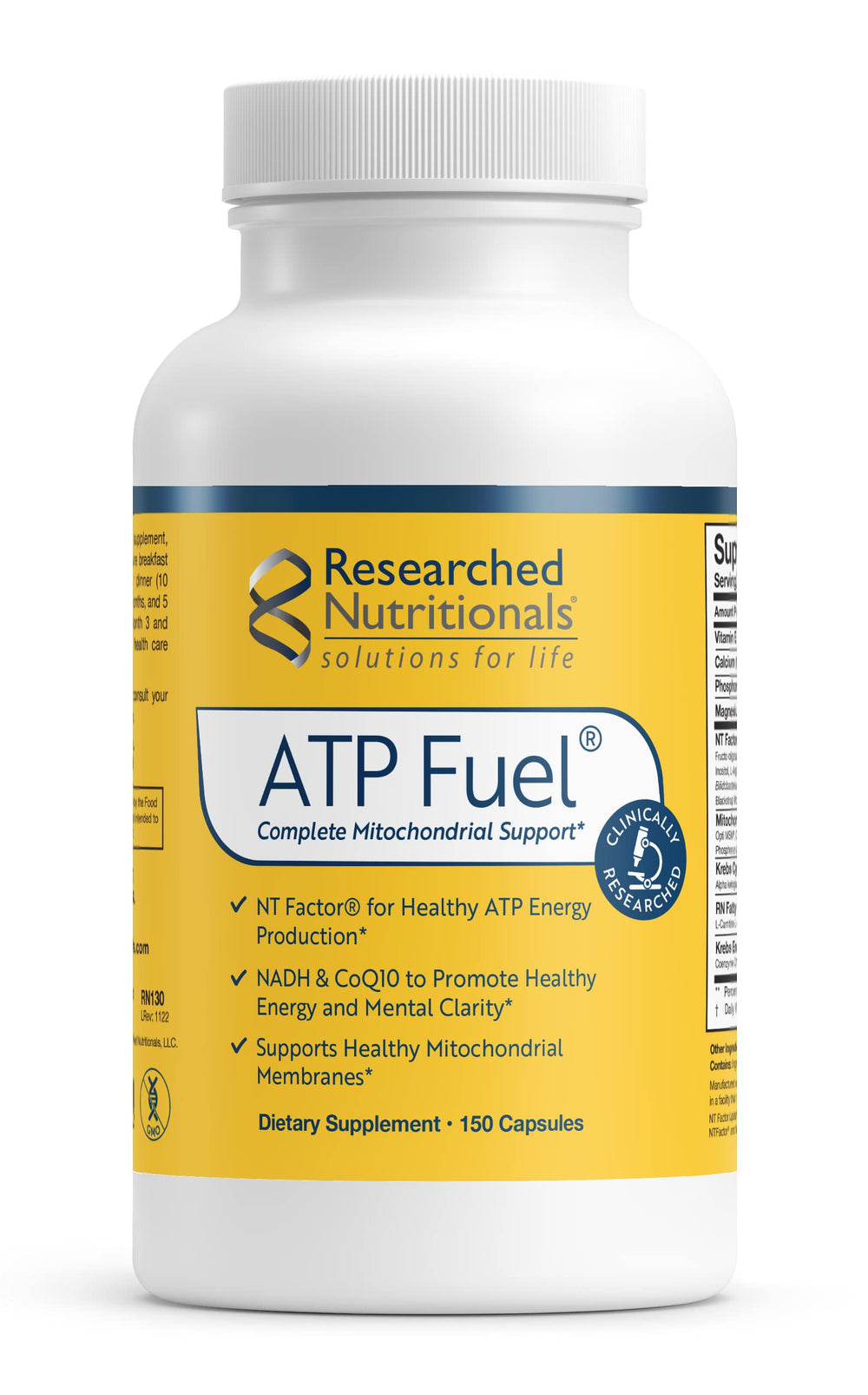 Researched Nutritionals ATP Fuel bottle showing packaging for mitochondrial support.
