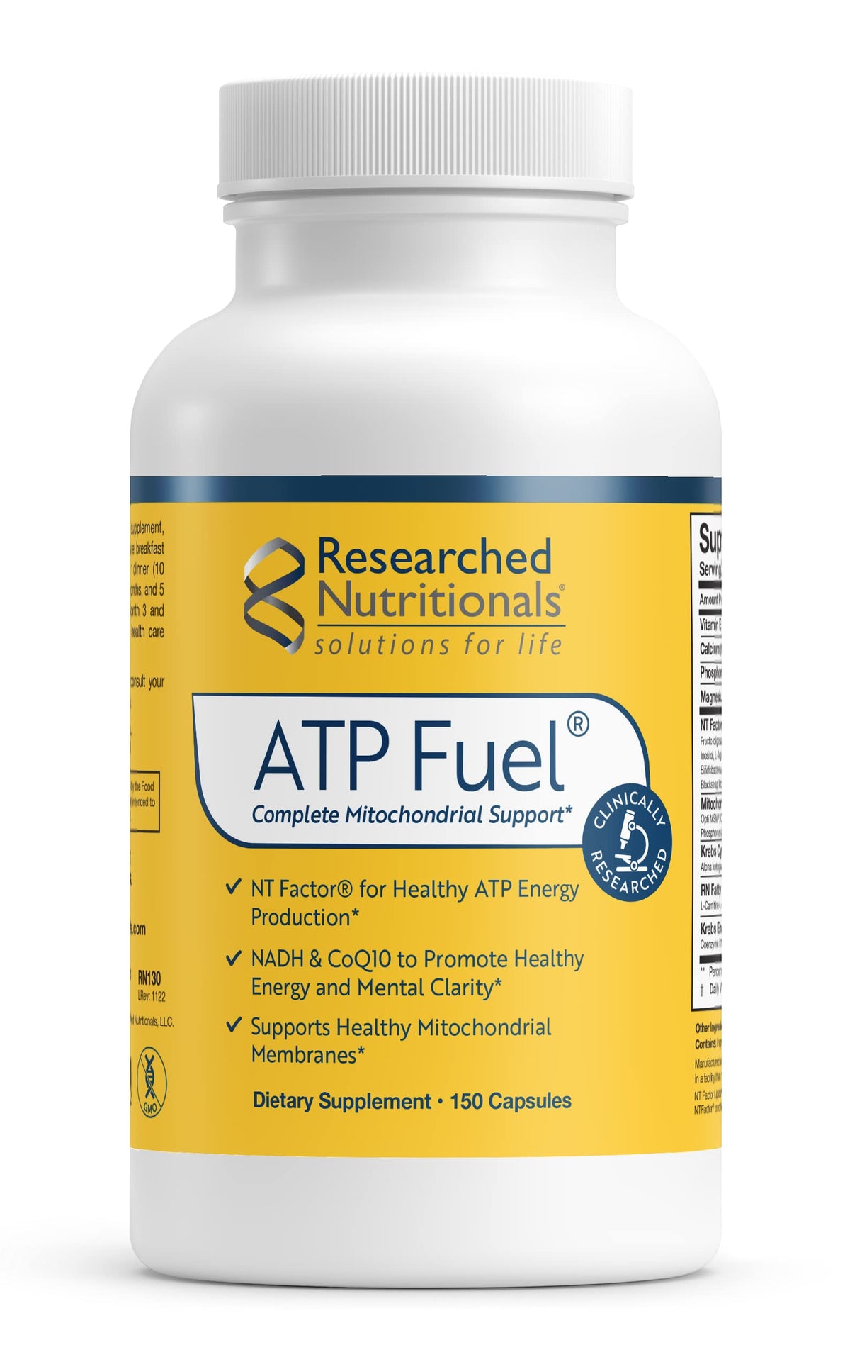 Researched Nutritionals ATP Fuel bottle showing packaging for mitochondrial support.