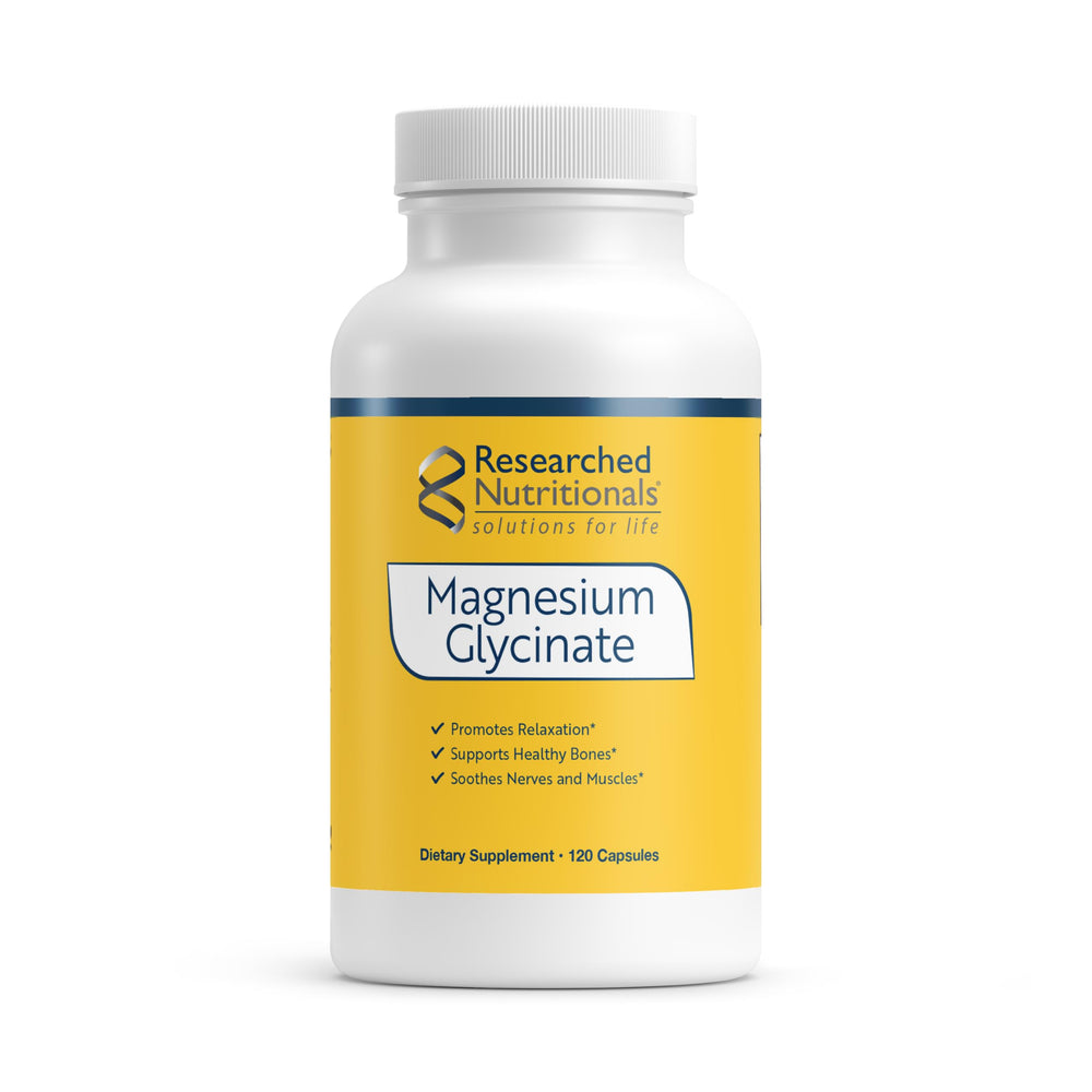 Researched Nutritionals magnesium glycinate capsules bottle showing high absorption formula