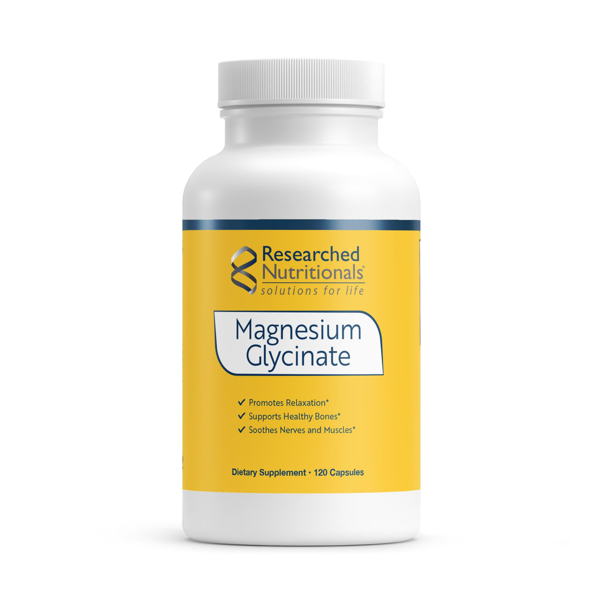 Researched Nutritionals magnesium glycinate capsules bottle showing high absorption formula