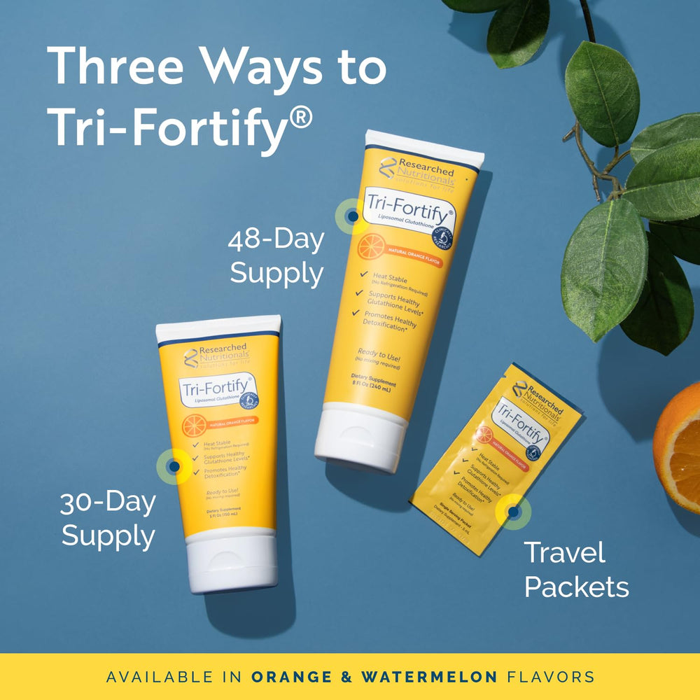 Researched Nutritionals Tri-Fortify ingredients panel shows vegan, Non-GMO formulation.