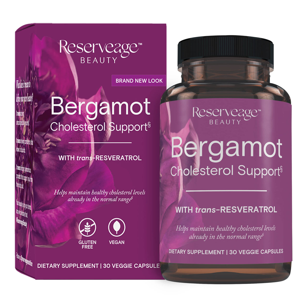 Reserveage Beauty Bergamot Cholesterol Support bottle for a convenient daily heart-health routine.