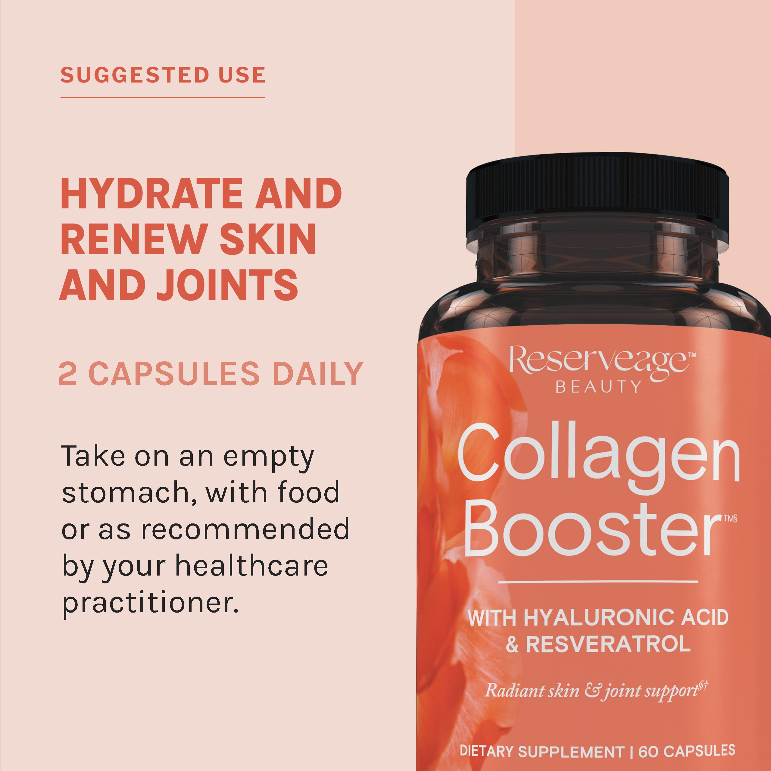 Reserveage Beauty Collagen Booster serving counter hints two capsules per day.