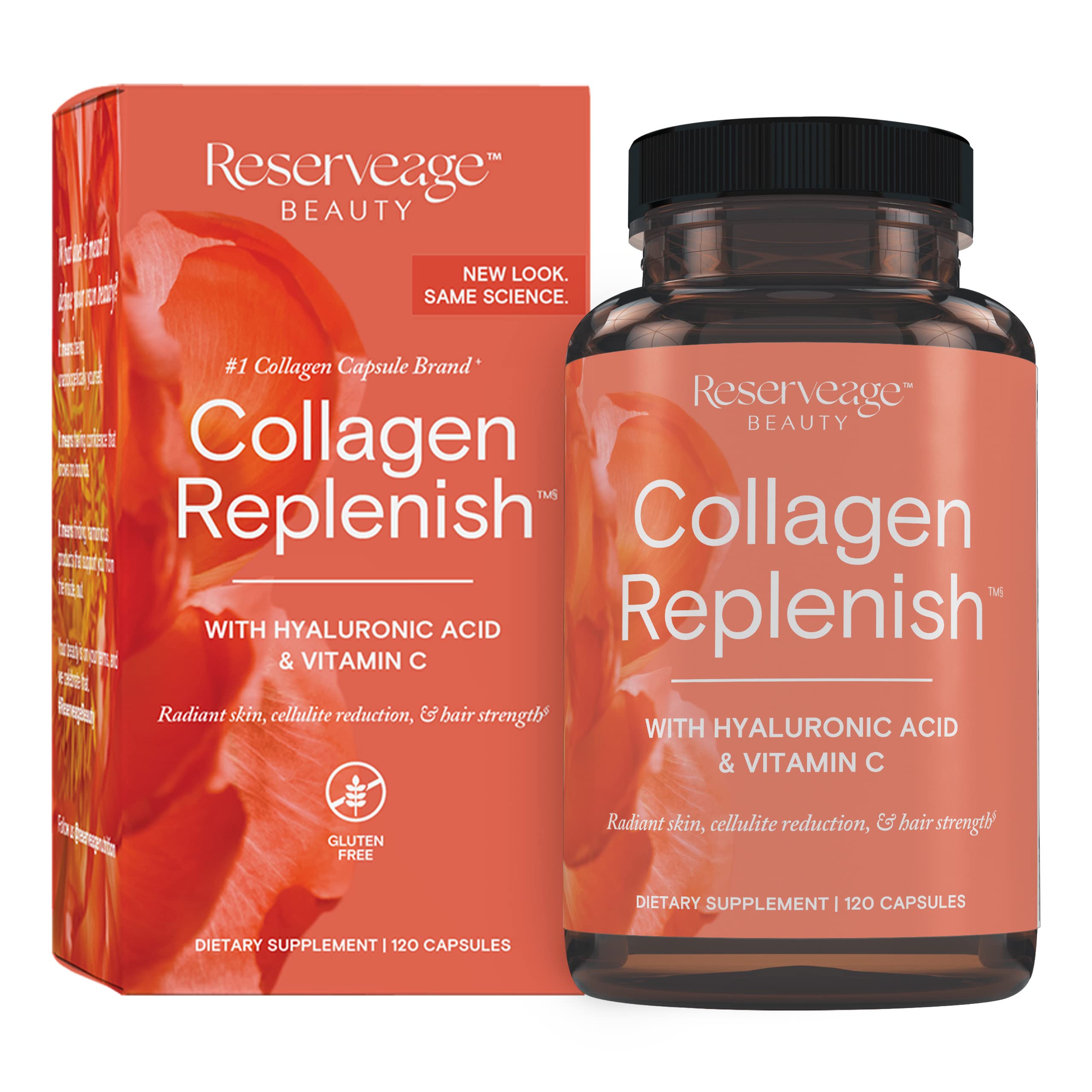 Reserveage Beauty Collagen Replenish bottle front view showing label and branding for radiant skin support