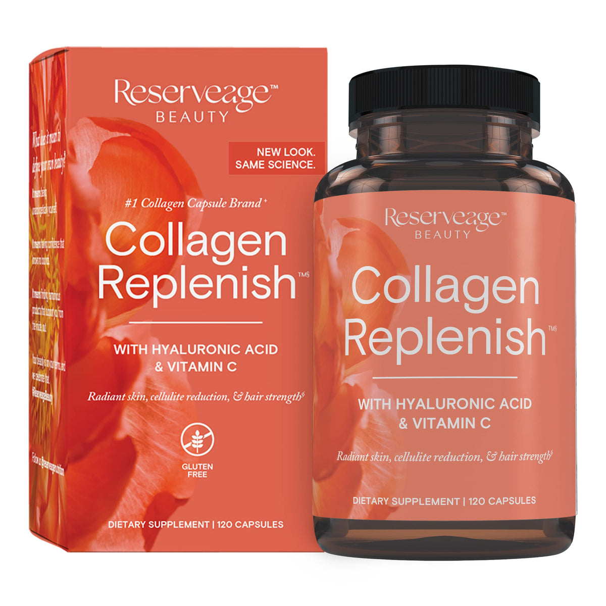 Reserveage Beauty Collagen Replenish bottle front view showing label and branding for radiant skin support