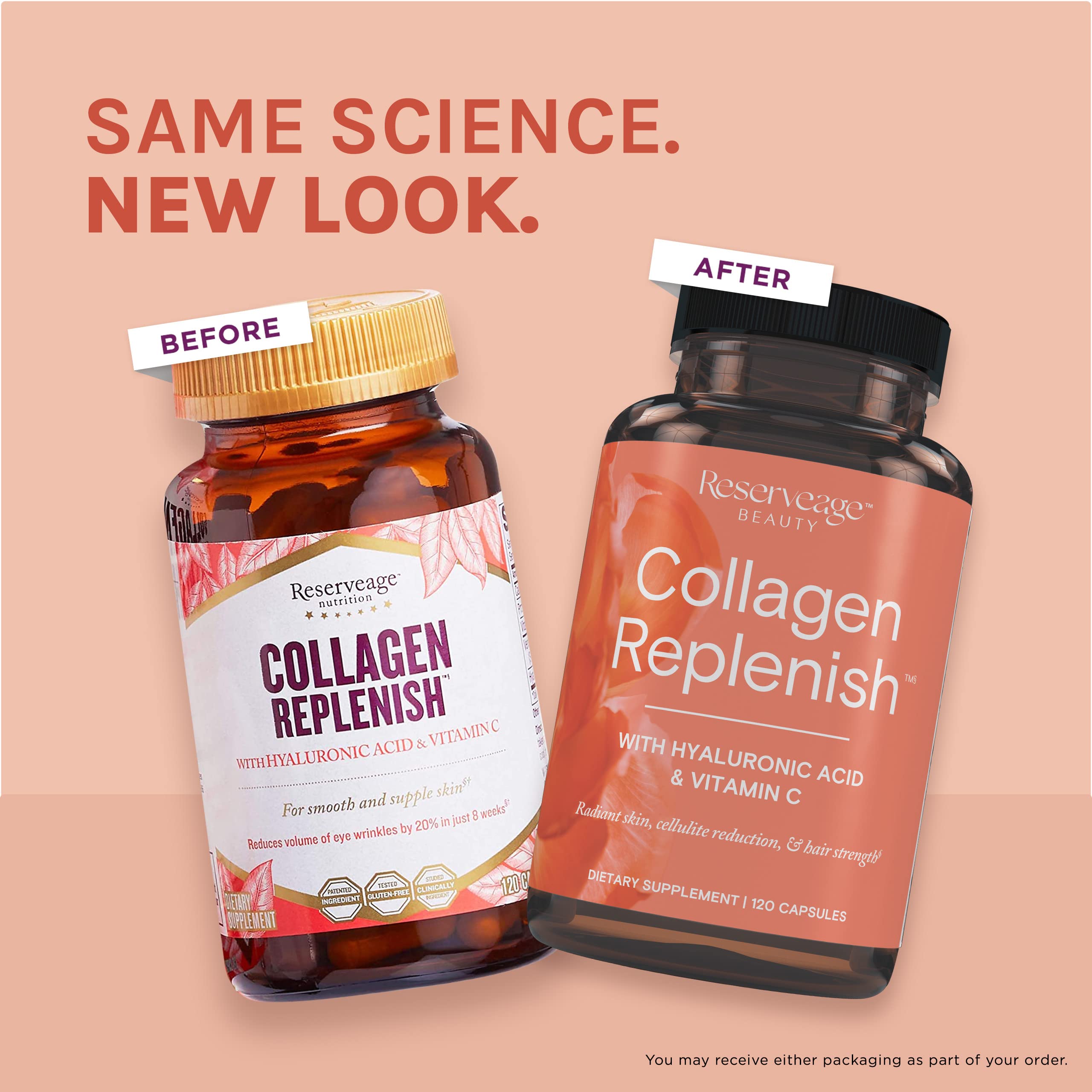 Capsules in hand demonstrating an easy daily ritual with Reserveage Beauty Collagen Replenish