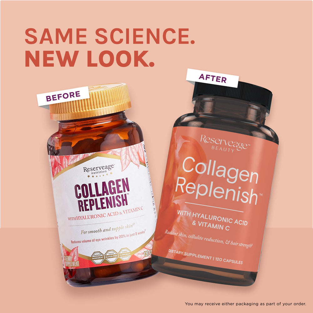 Capsules in hand demonstrating an easy daily ritual with Reserveage Beauty Collagen Replenish