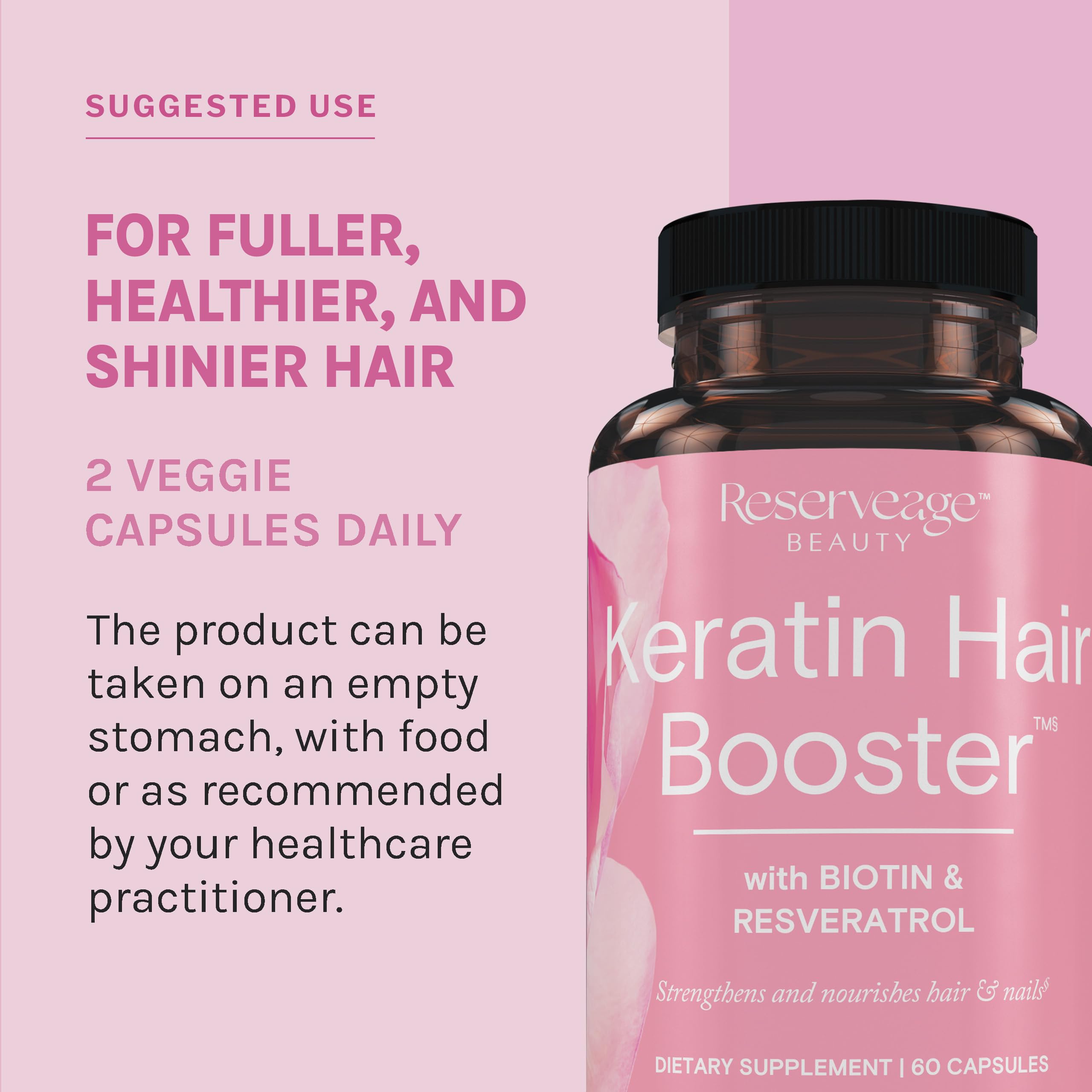 Reserveage Beauty Keratin Hair Booster bottle label detail highlights gluten- and dairy-free formula.