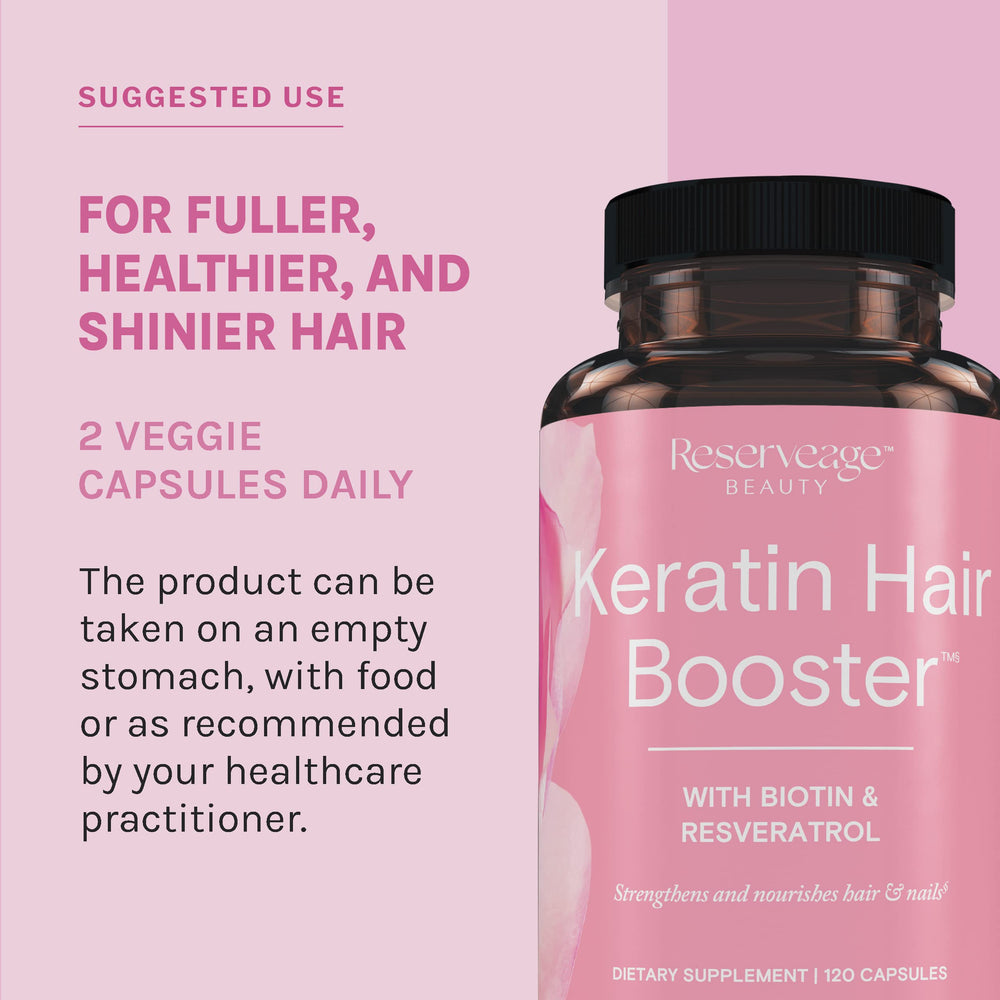 Reserveage Beauty Keratin daily capsules shown with morning routine setup.
