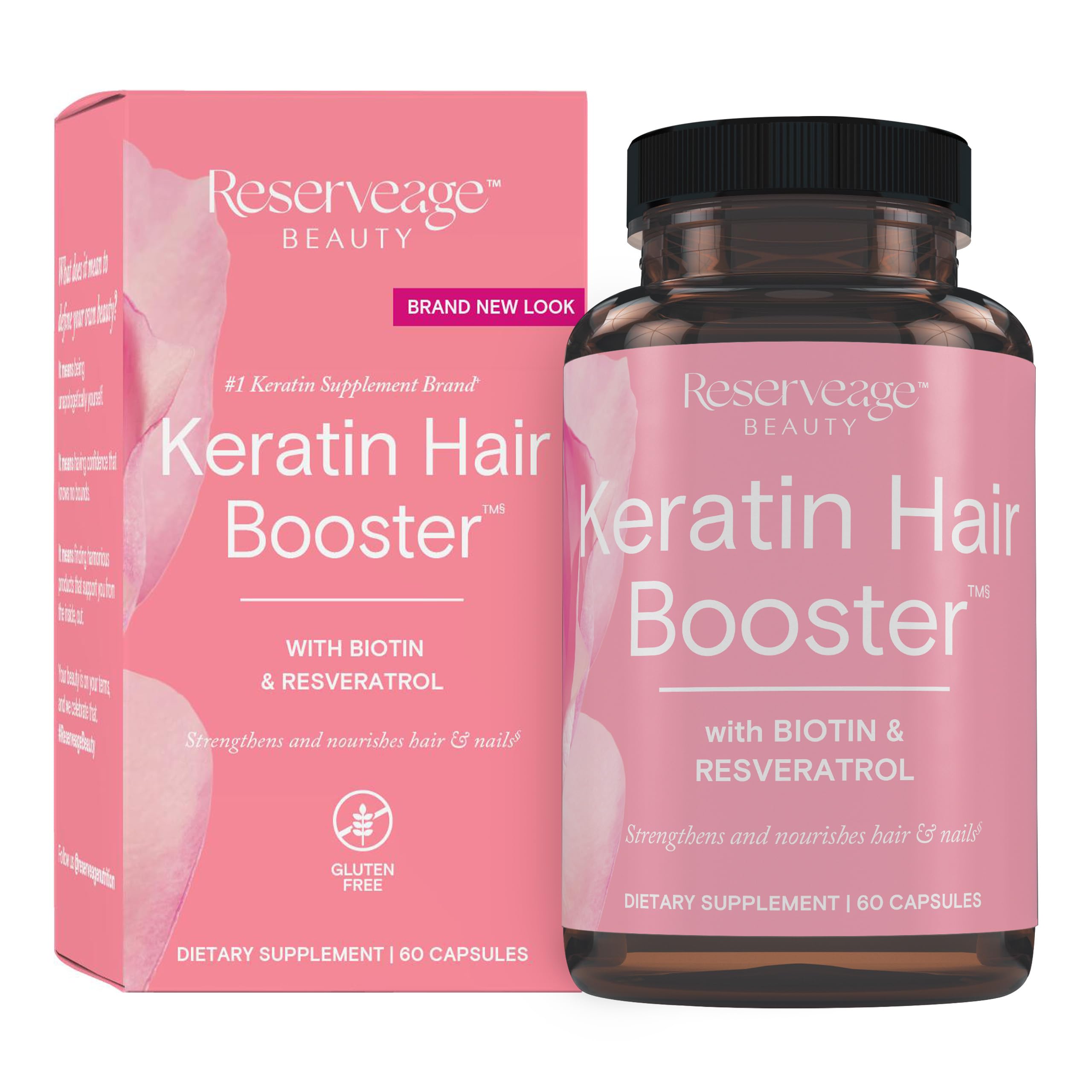 Reserveage Beauty Keratin Hair Booster bottle on countertop signals potential thicker hair and stronger nails.