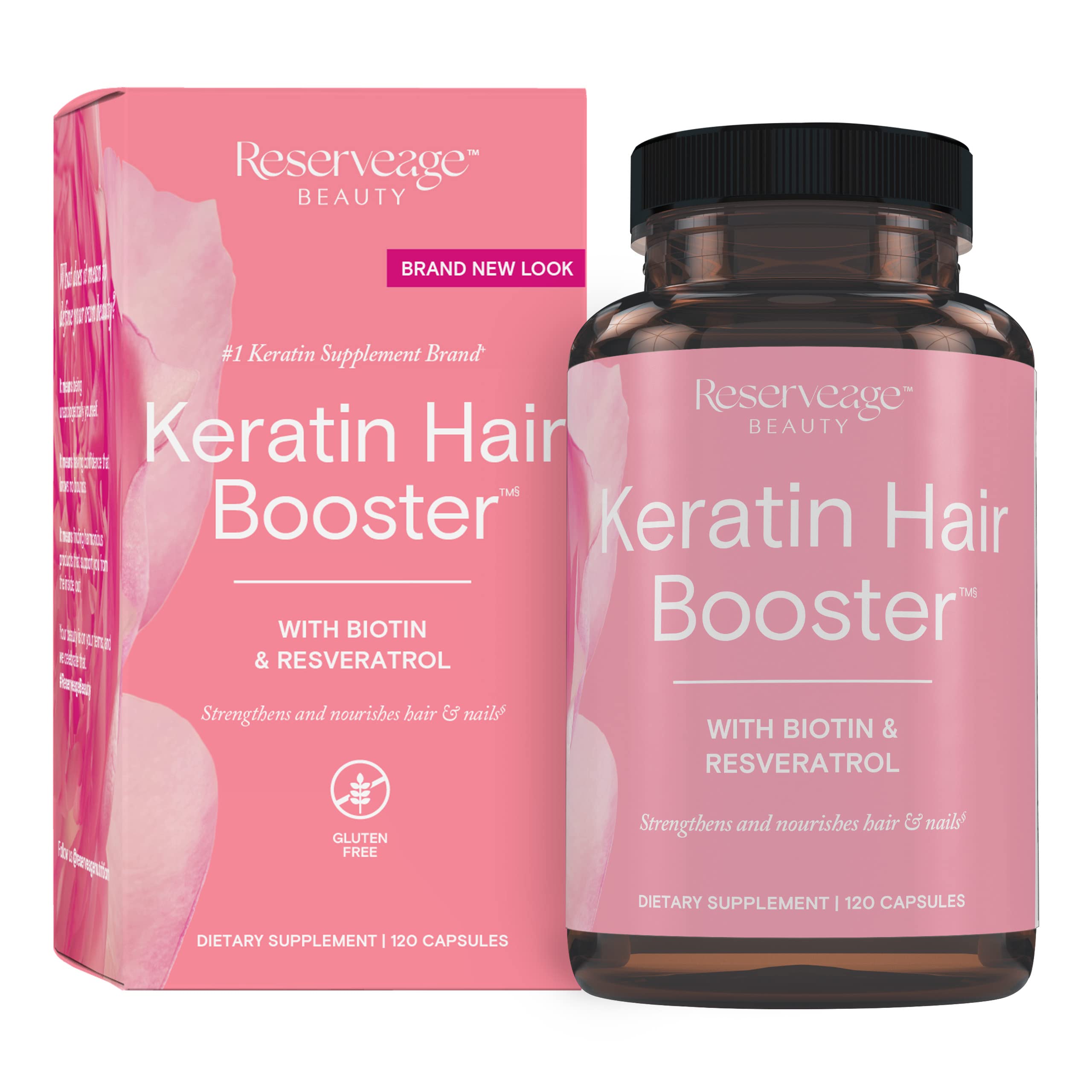 Reserveage Beauty Keratin Hair Booster bottle with capsules for healthier hair and nails.