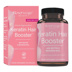 Reserveage Beauty Keratin Hair Booster bottle on countertop signals potential thicker hair and stronger nails.