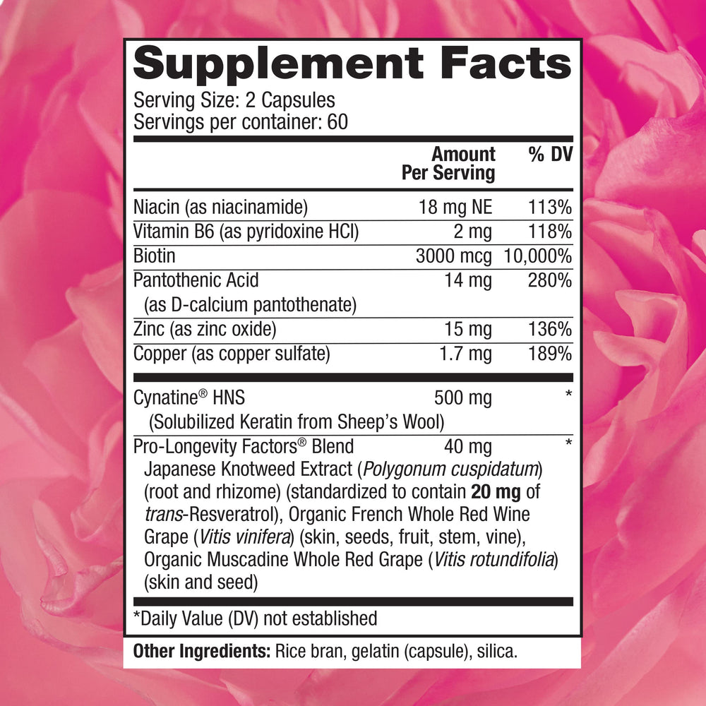 Close-up of Reserveage Keratin Hair Booster capsules suggesting daily hair and nail support.
