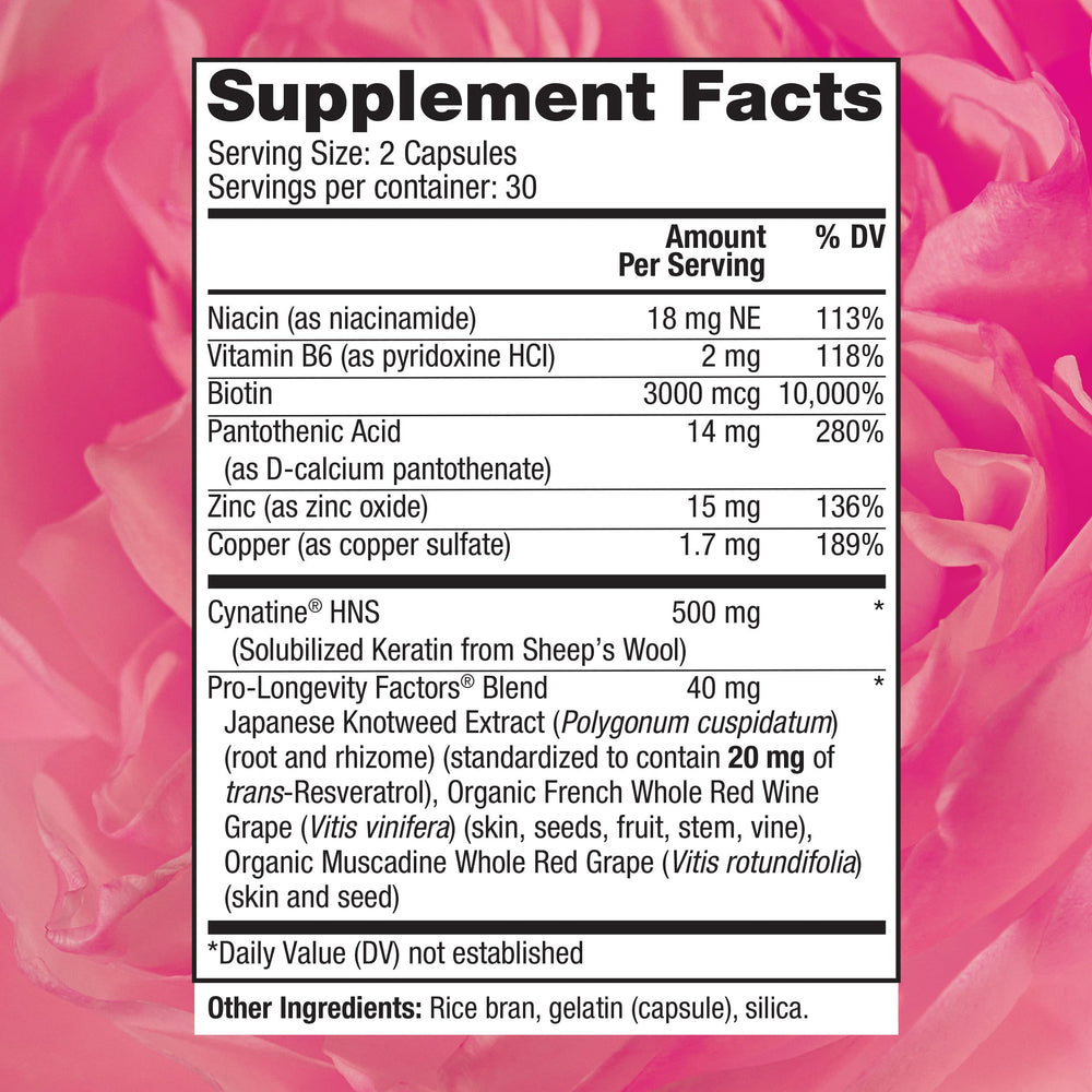 Reserveage Beauty Keratin Hair Booster capsules close-up illustrates daily use for hair and nail support.