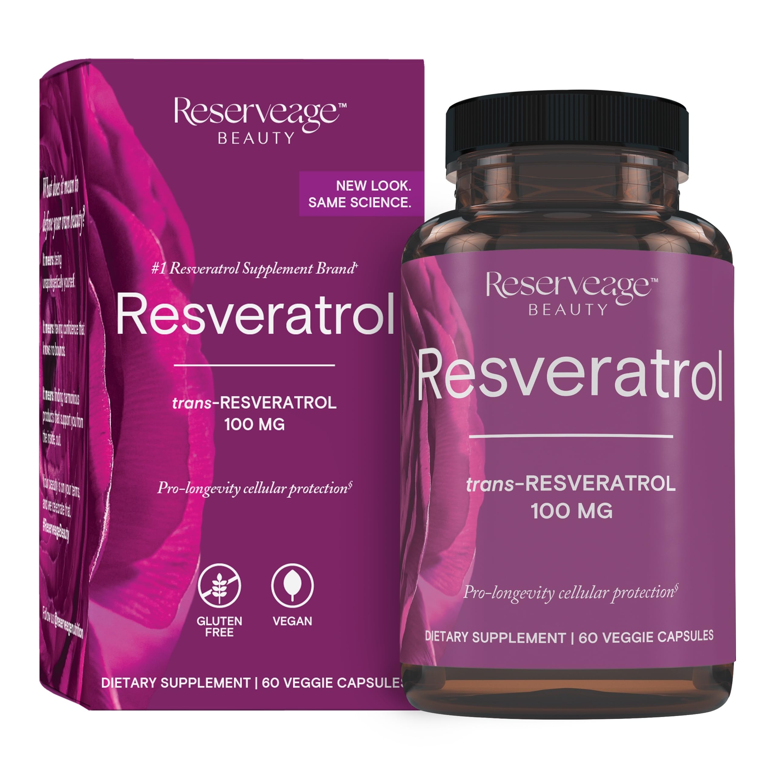 Reserveage Beauty Resveratrol 100 mg bottle with label highlighting antioxidant support