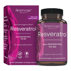 Reserveage Beauty Resveratrol 100 mg bottle with label highlighting antioxidant support