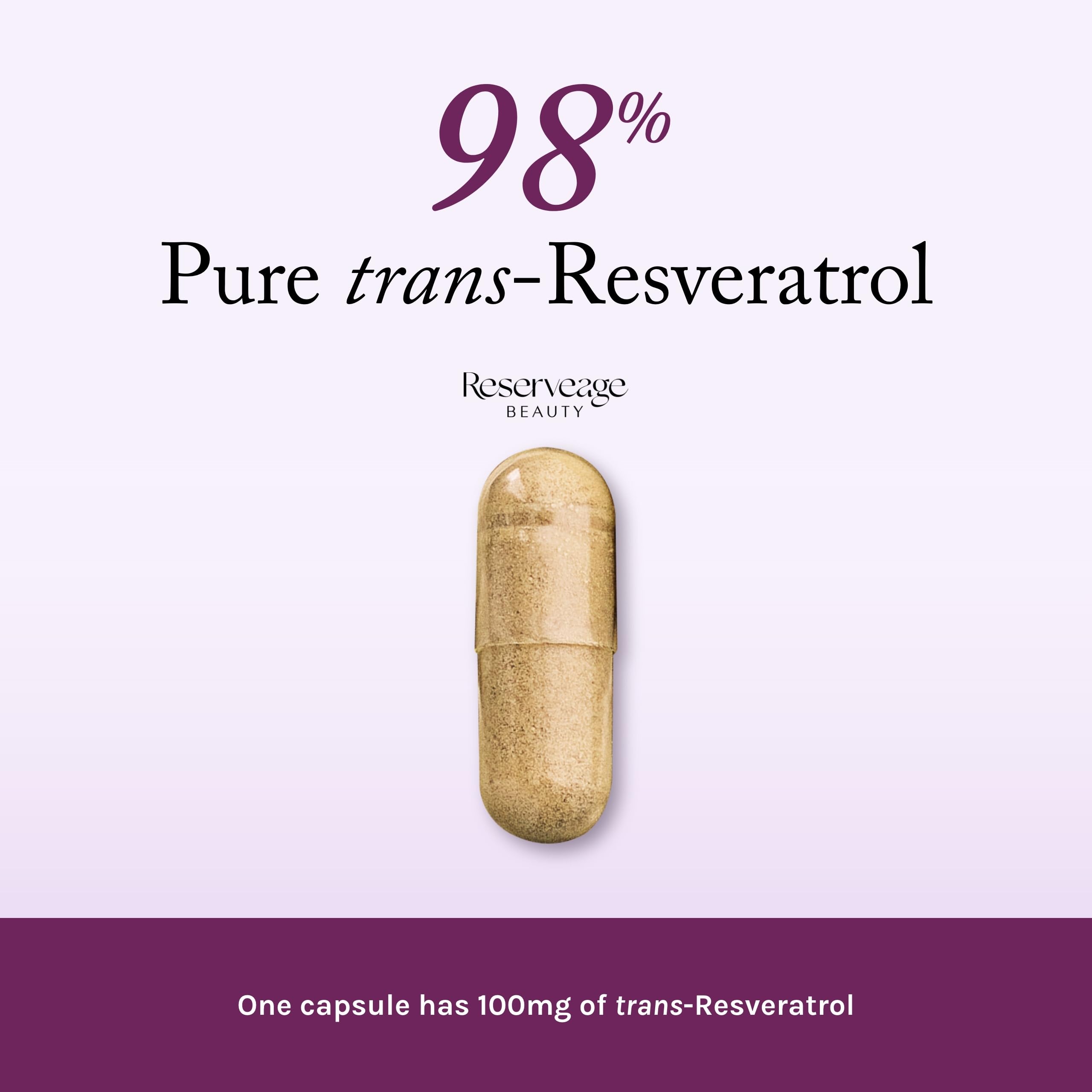 Close-up of Reserveage Beauty Resveratrol 100 mg capsules ready for daily use