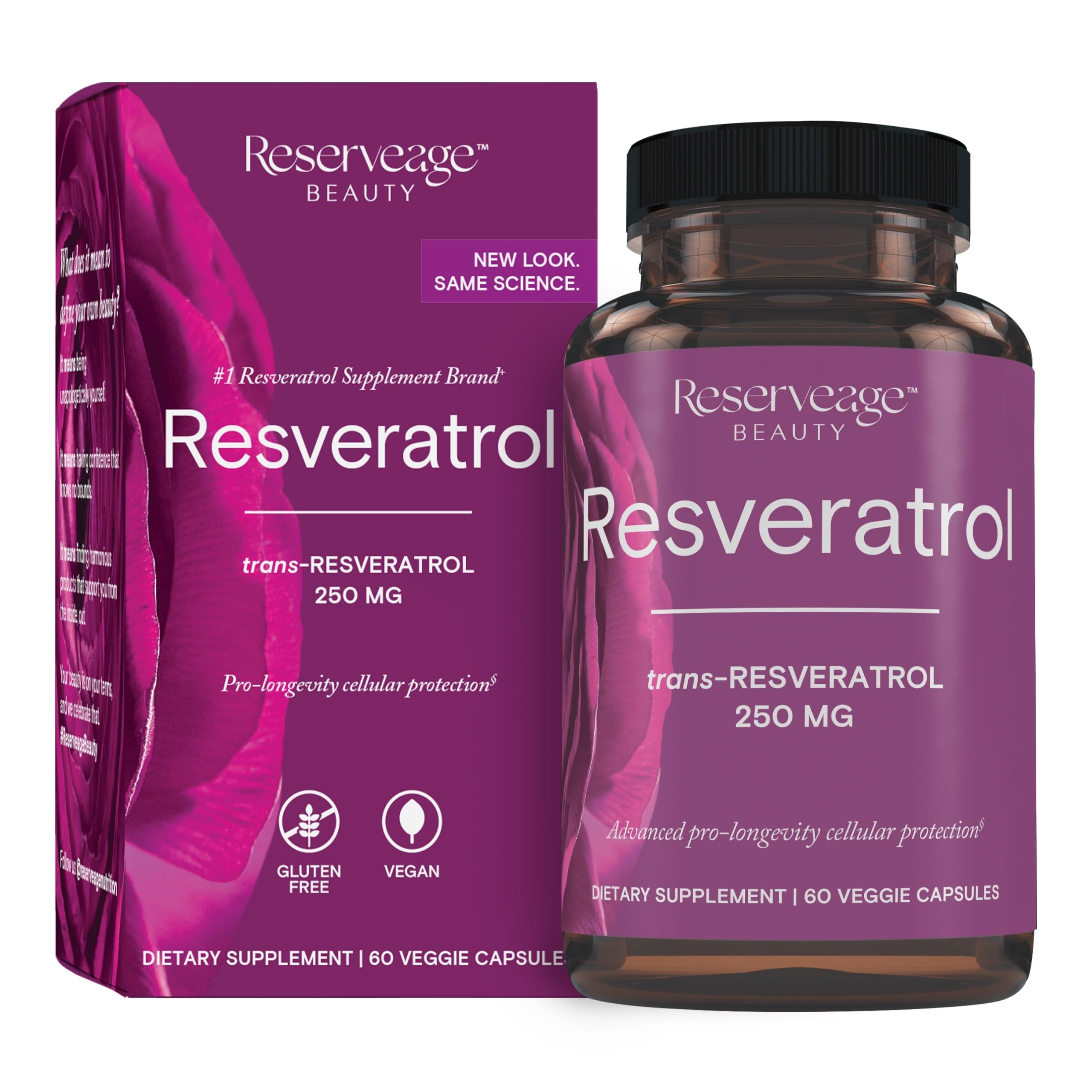 Reserveage Beauty Resveratrol bottle front view, vegan antioxidant support for healthy aging.