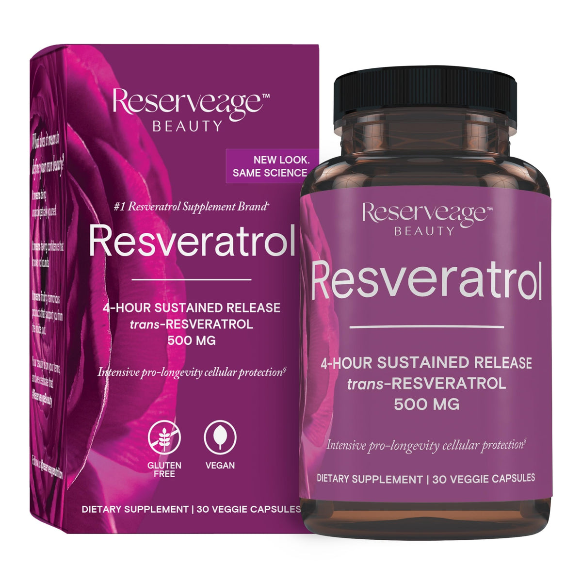 Reserveage Beauty Resveratrol bottle shows triple-blend formula for cellular health support
