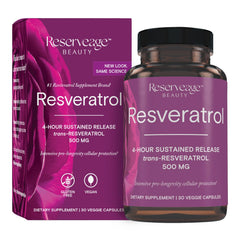 Reserveage Beauty Resveratrol bottle shows triple-blend formula for cellular health support