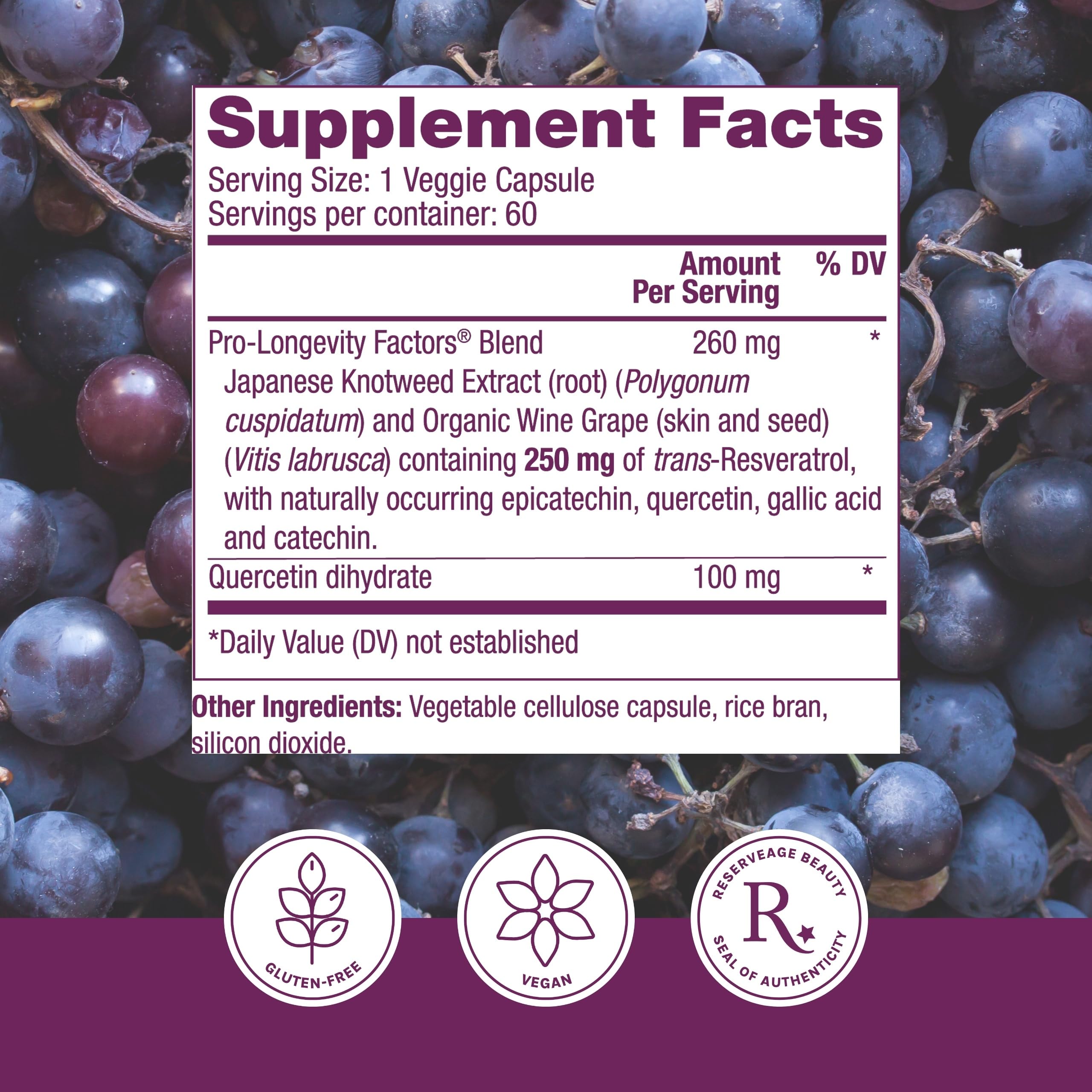 Reserveage Beauty Resveratrol ingredients: Muscadine grapes highlight natural antioxidants.