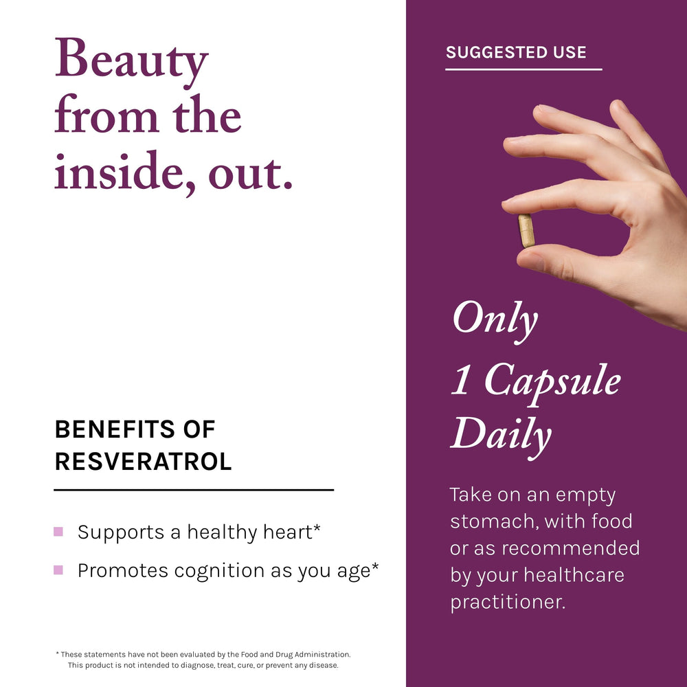 Front label with Muscadine grape logo on Reserveage Beauty Resveratrol bottle