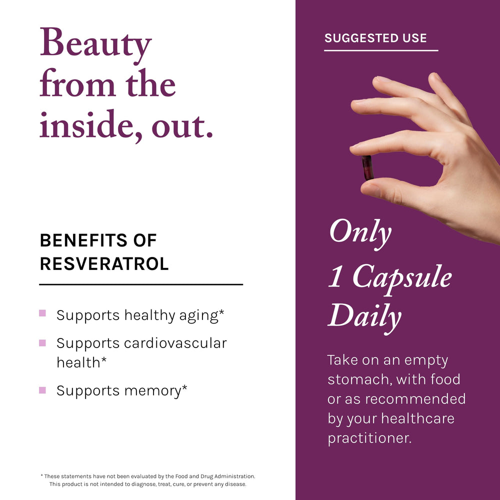 Reserveage Beauty Resveratrol Plus+ bottle label featuring gluten-free and vegan formulation