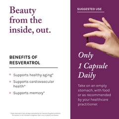 Reserveage Beauty Resveratrol Plus+ bottle label featuring gluten-free and vegan formulation