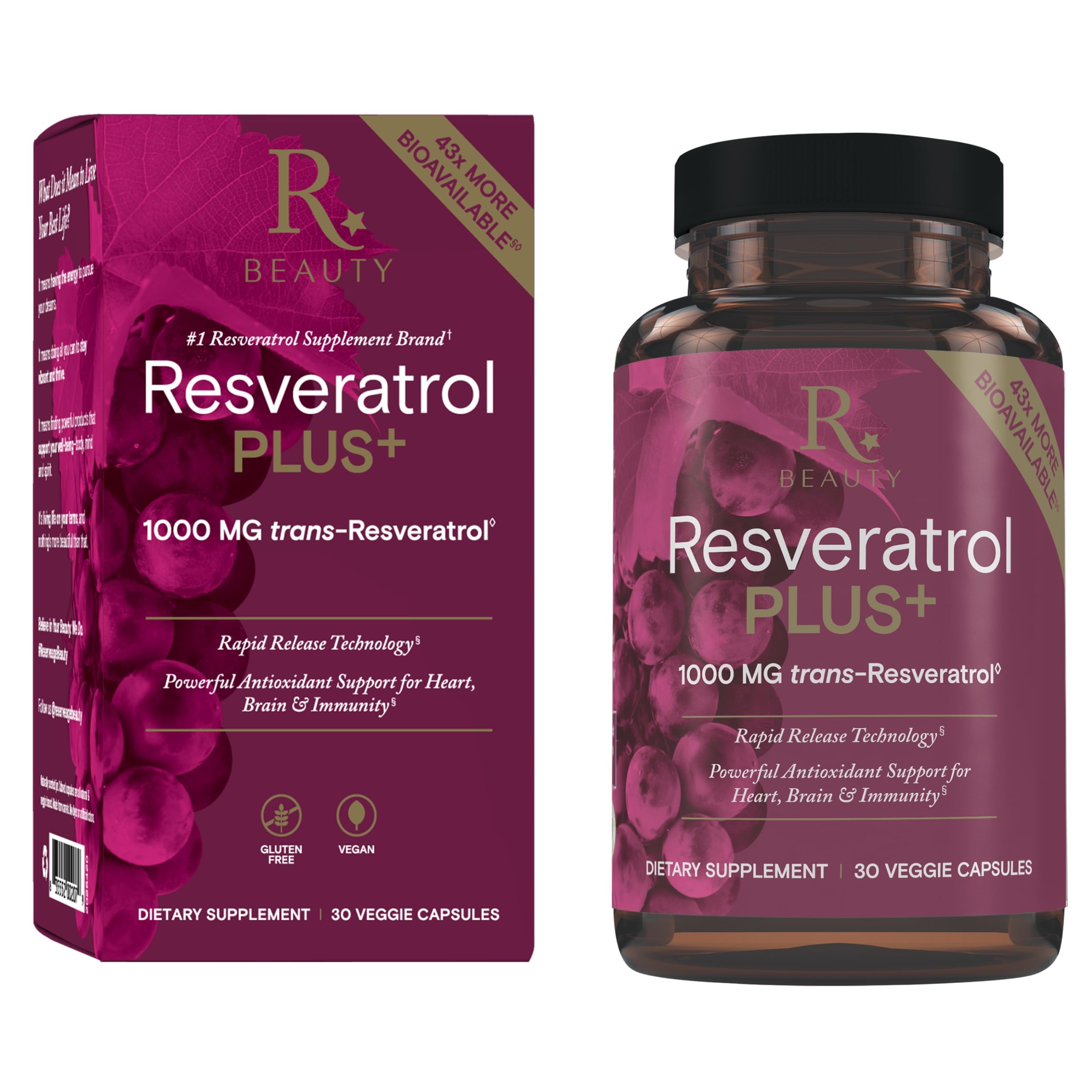 Reserveage Beauty Resveratrol Plus+ bottle showing easy daily capsules for immune and brain wellness
