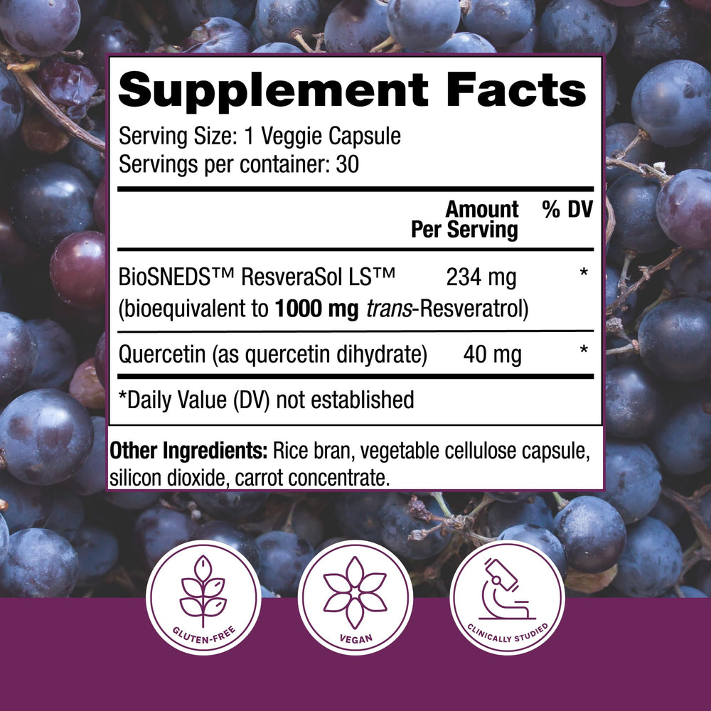 Reserveage Beauty Resveratrol Plus+ capsules shown as vegan, gluten-free daily wellness supplement