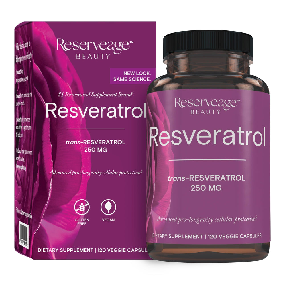 Reserveage Resveratrol 250mg bottle on white background signals antioxidant support for aging.