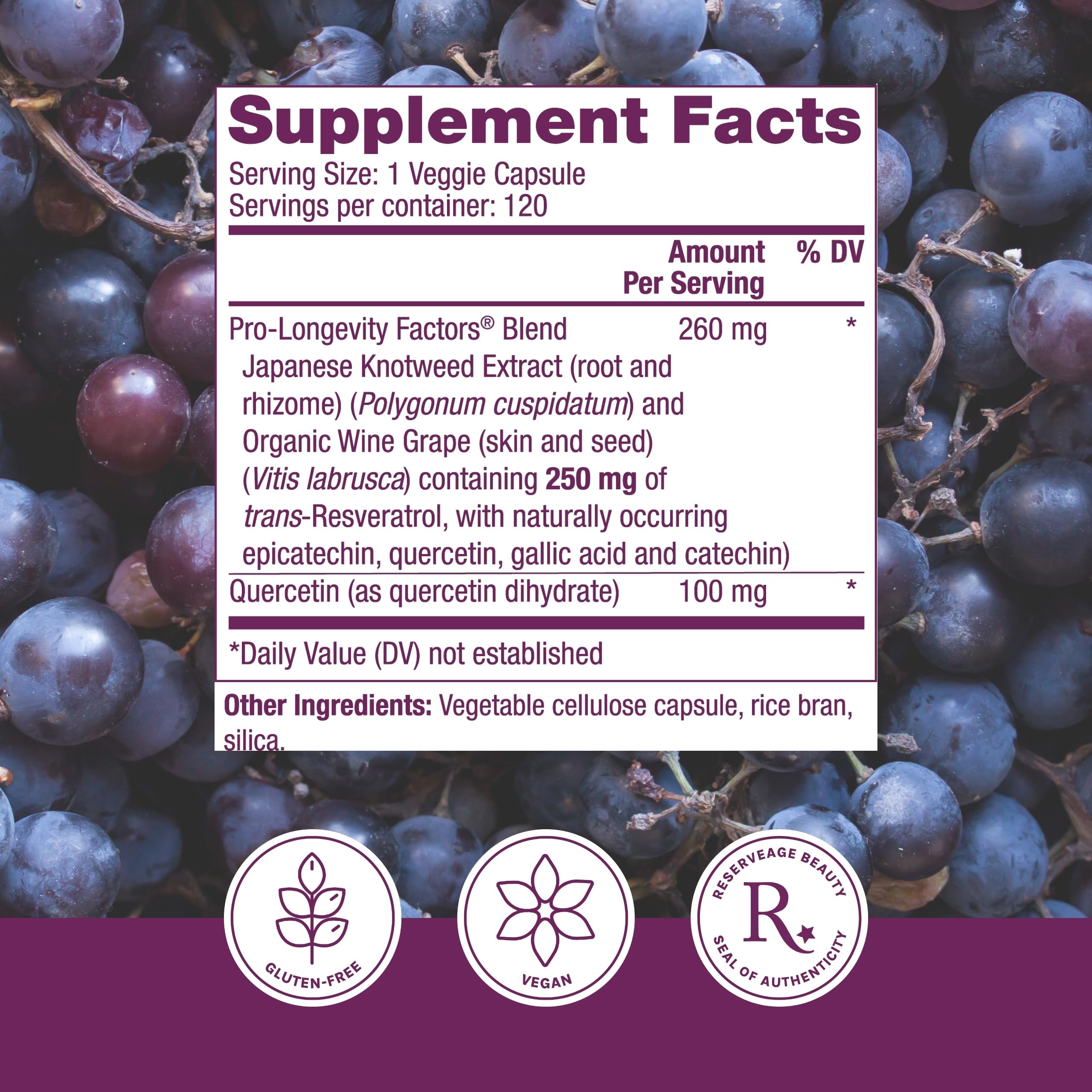 Reserveage Resveratrol label closeup showing vegan and paleo-friendly ingredients for daily wellness.