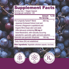 Reserveage Resveratrol label closeup showing vegan and paleo-friendly ingredients for daily wellness.