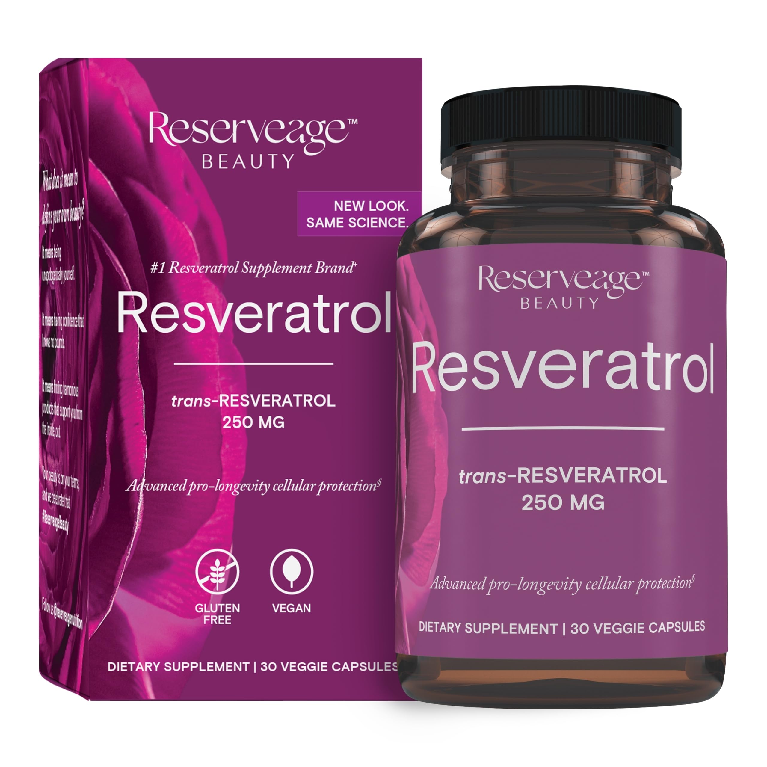 Reserveage Resveratrol 30-capsules bottle on counter for daily antioxidant support.