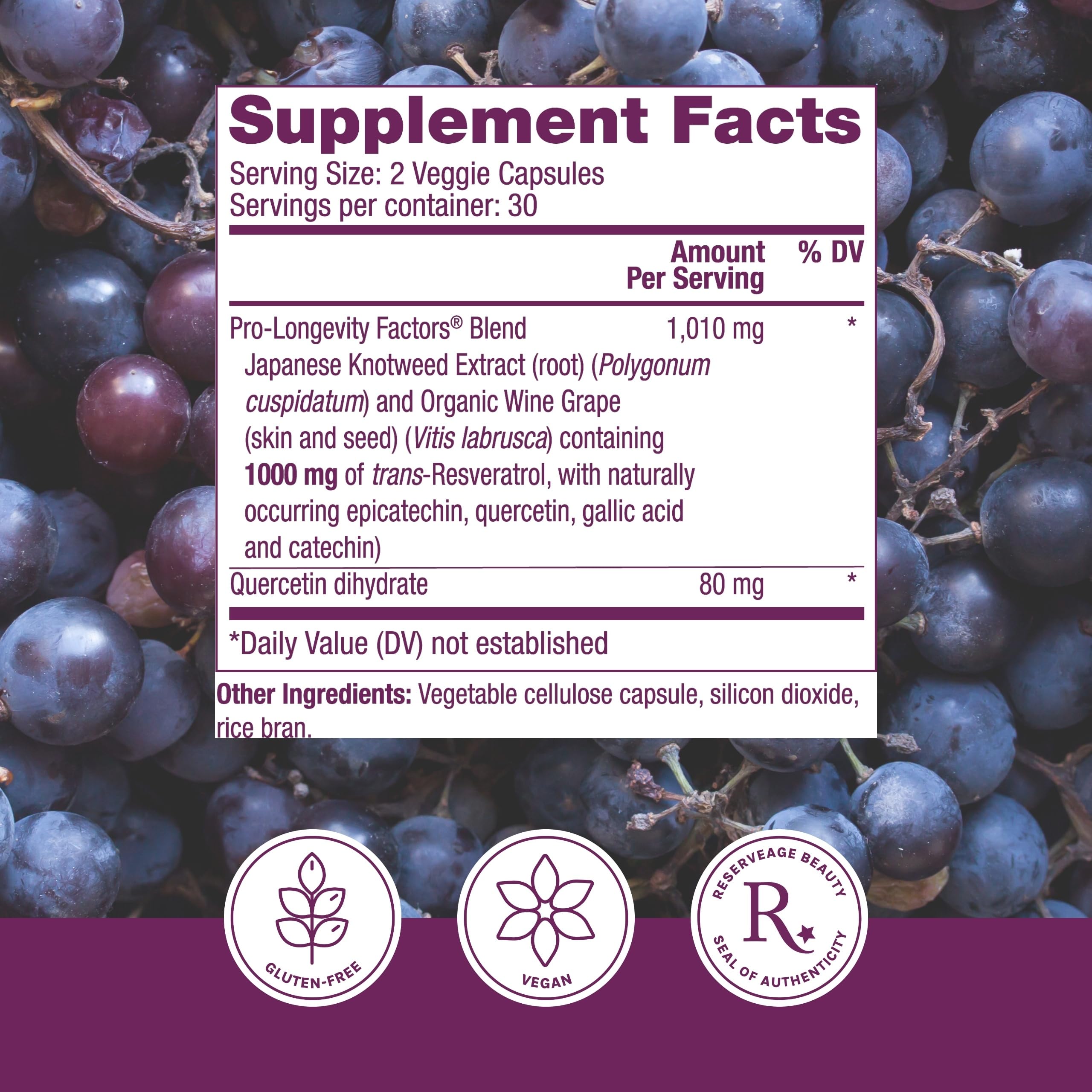 Reserveage Resveratrol bottle back shows dosing directions and ingredients for immune support.
