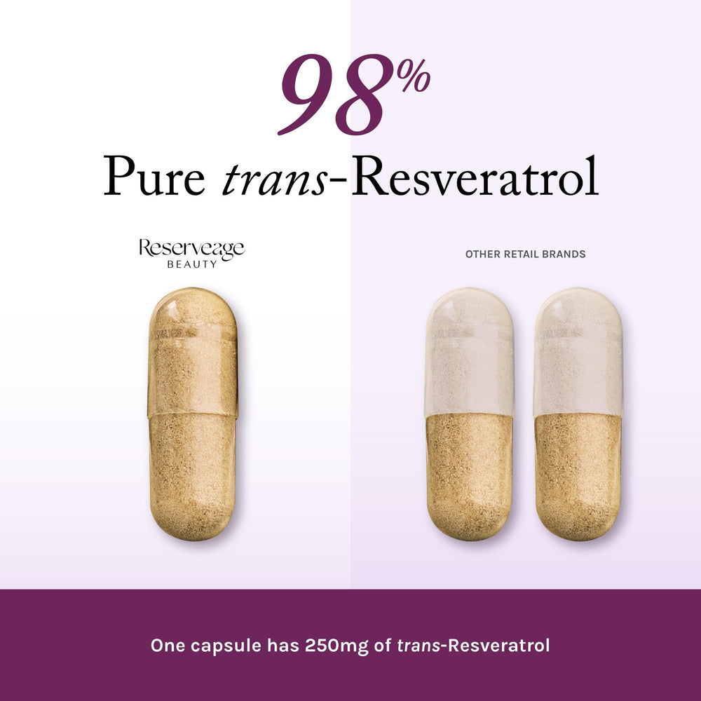 Reserveage Resveratrol capsules closeup showing vegan capsule design.