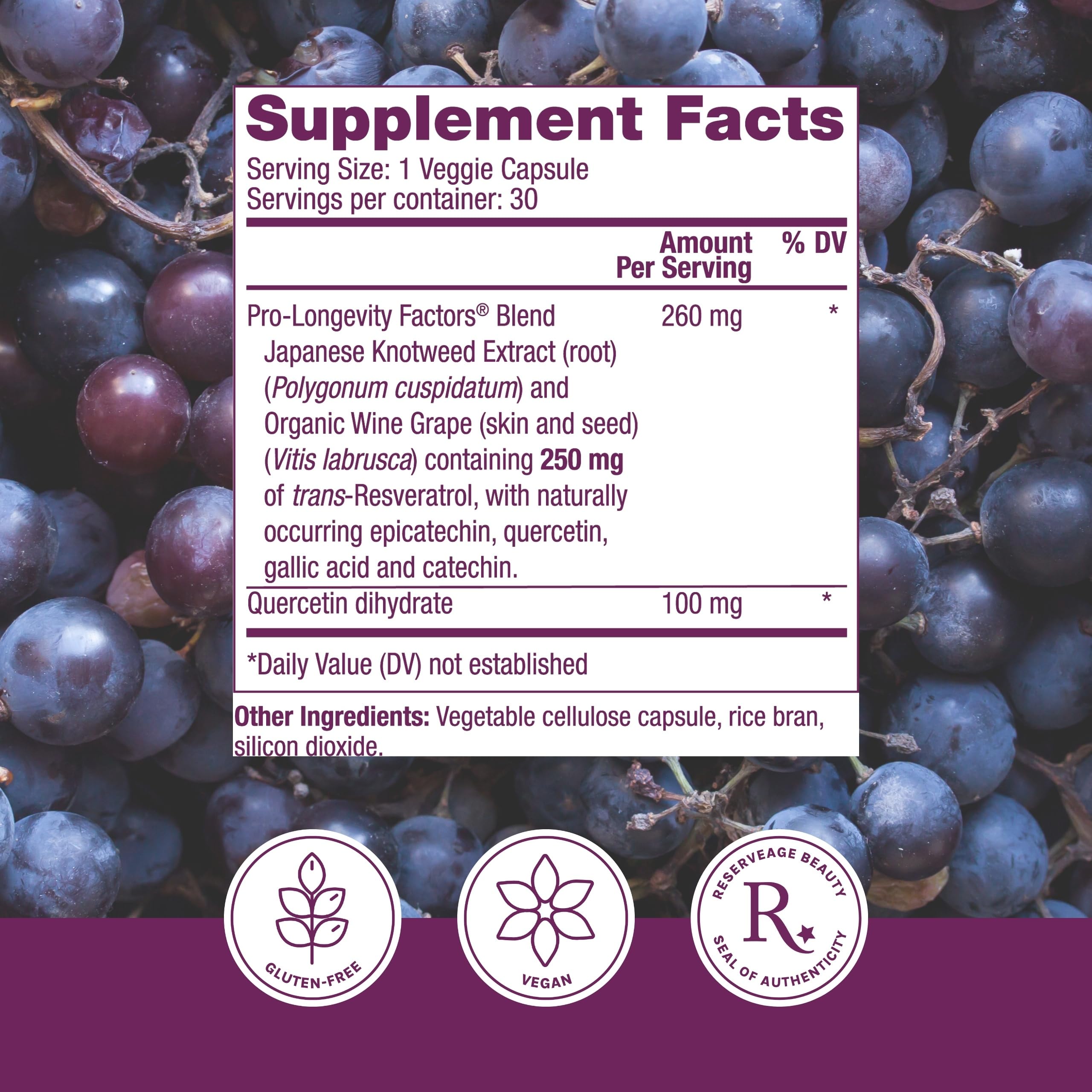 Reserveage Resveratrol label closeup highlighting clean ingredients.