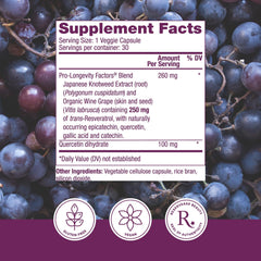 Reserveage Resveratrol label closeup highlighting clean ingredients.