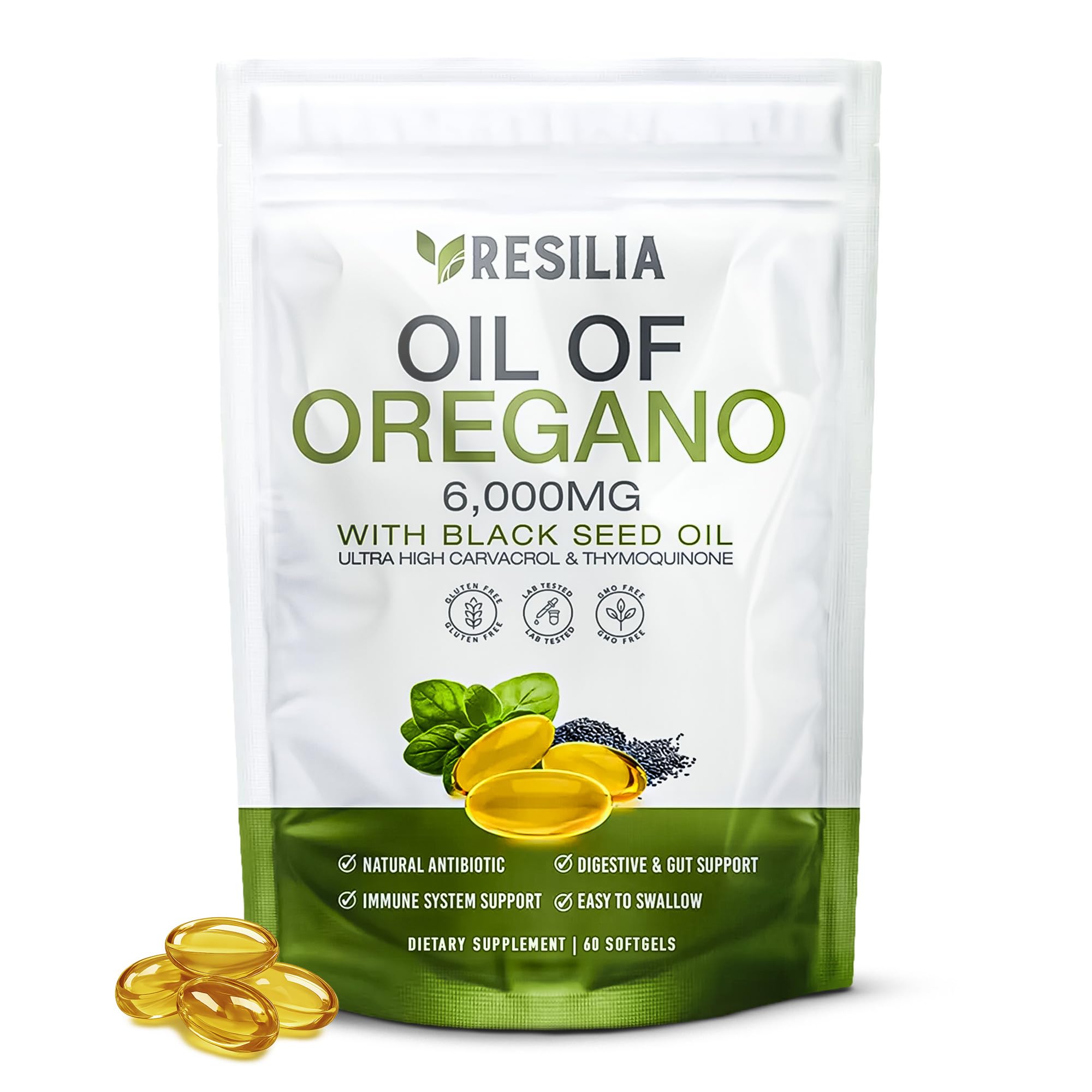 Resilia Oil of Oregano softgels bottle with capsules for daily immune support.