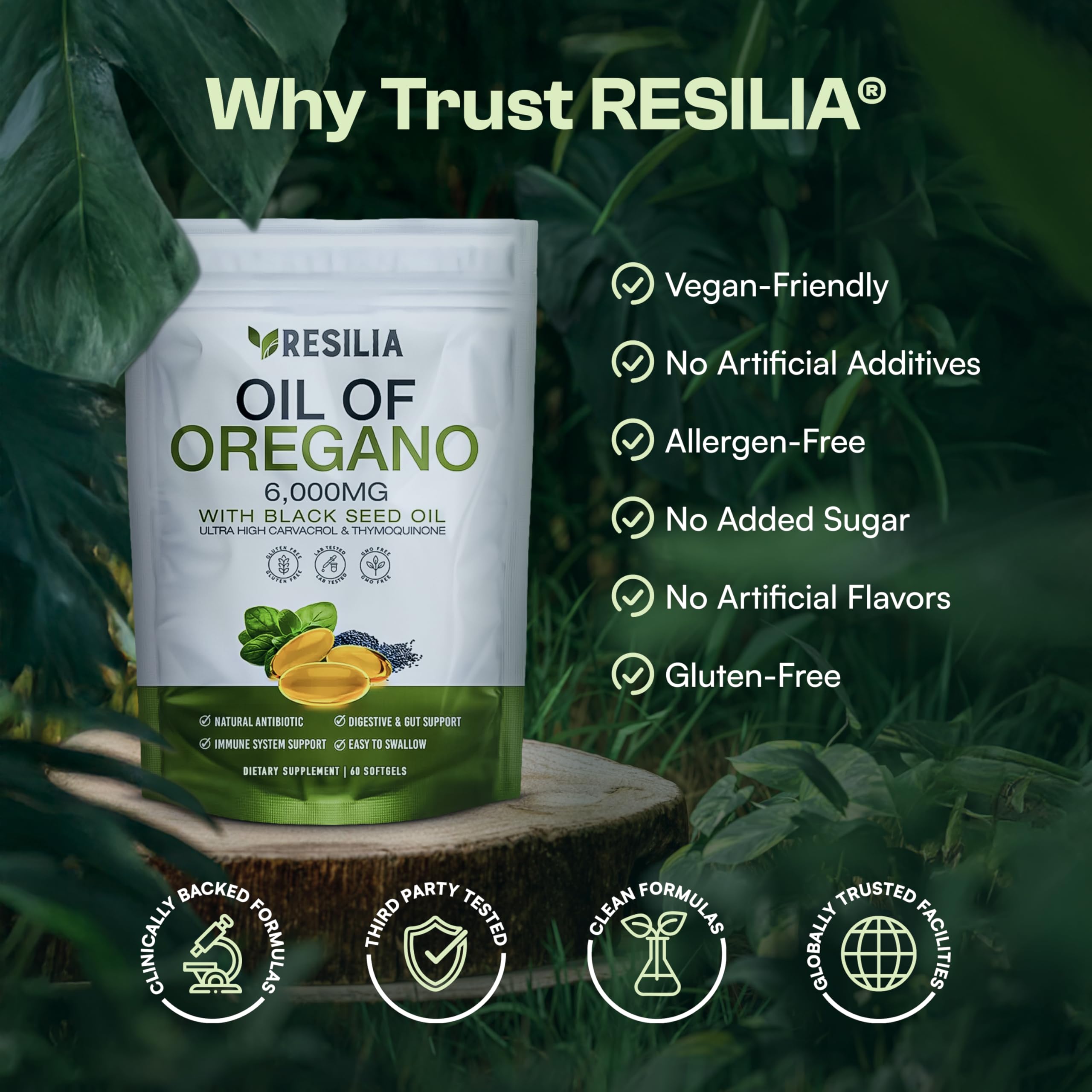 Resilia Oil of Oregano softgels pack beside a glass of water.