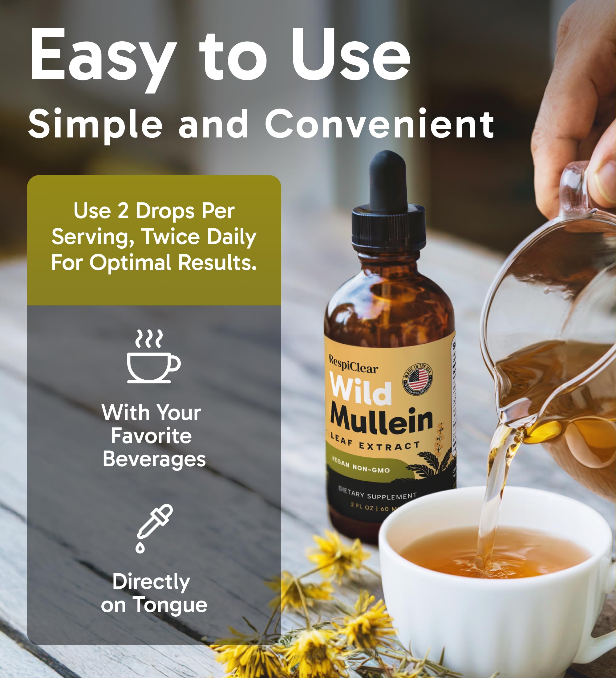 RESPICLEAR drops in a glass show simple administration for daily routine.