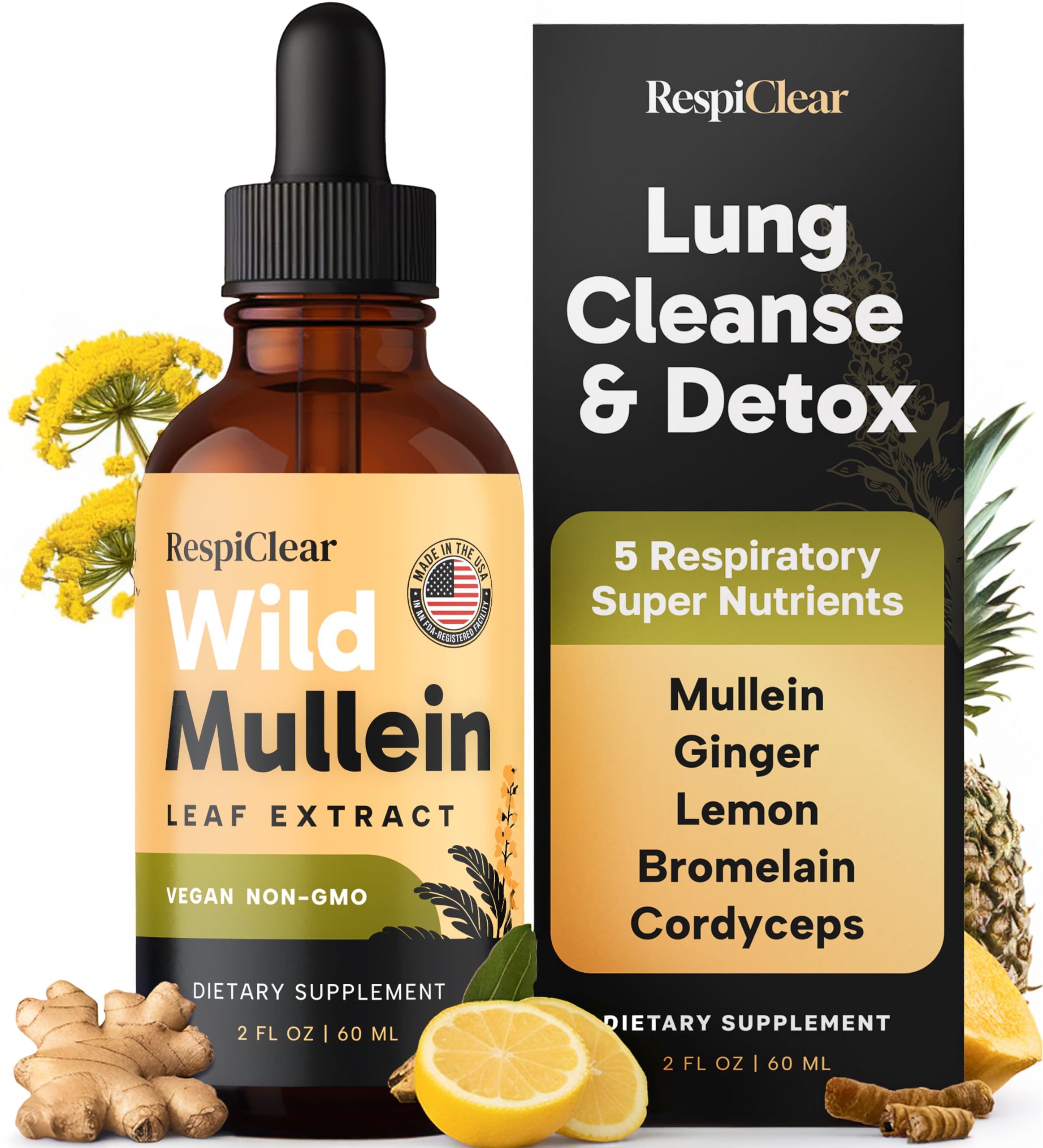 RESPICLEAR Mullein Drops bottle for natural lung support in daily use.