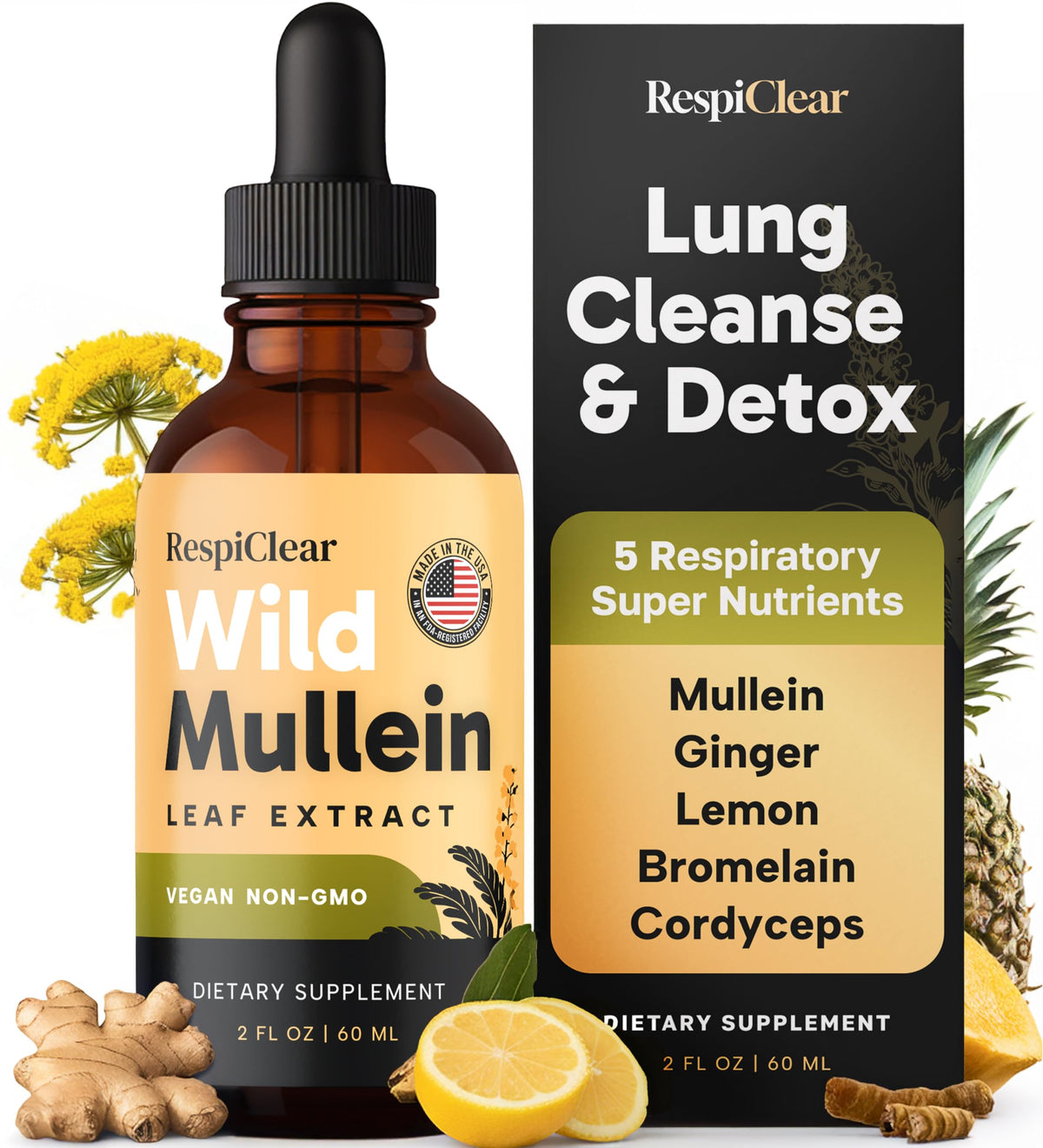 RESPICLEAR Mullein Drops bottle for natural lung support in daily use.