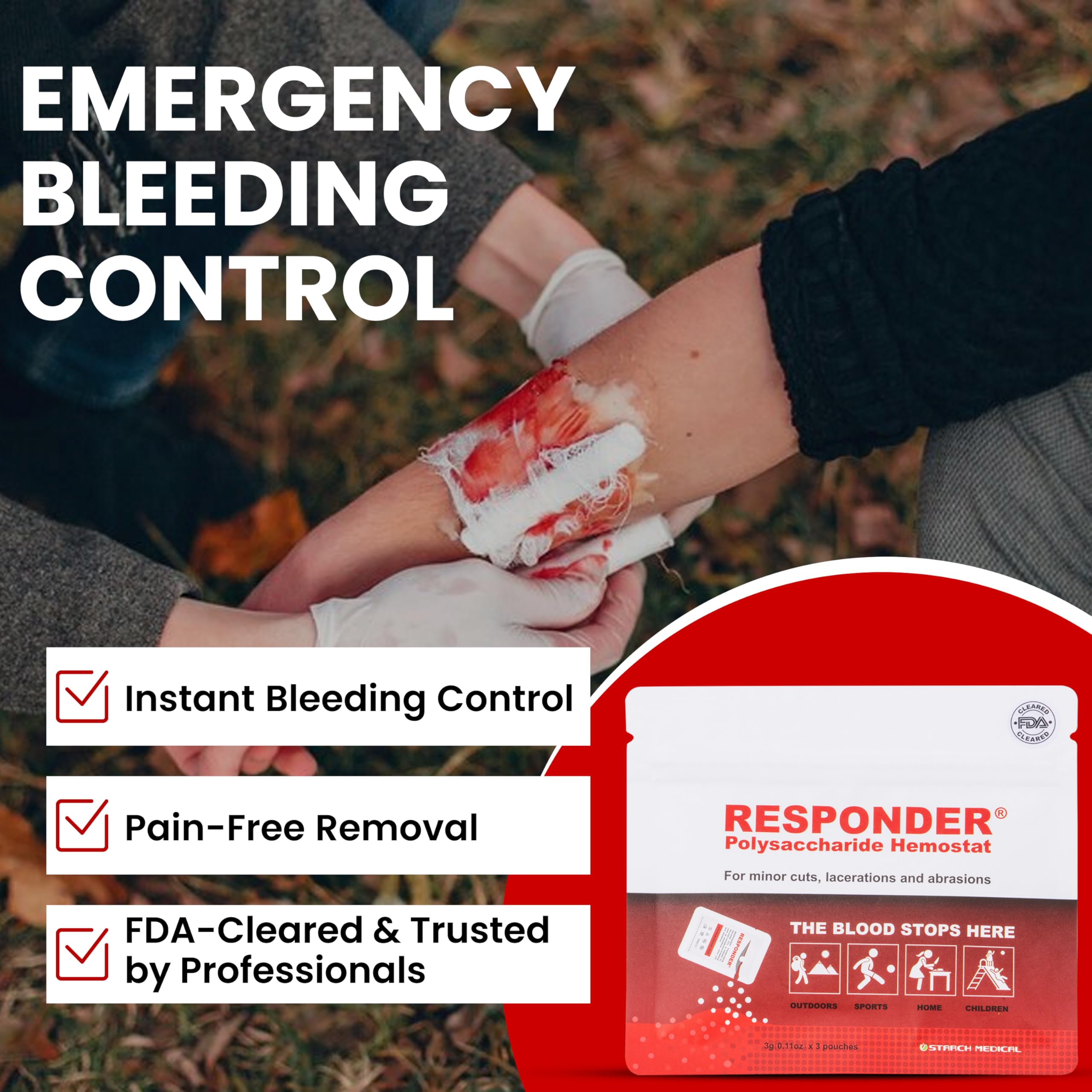 Responder first aid powder in a kit-ready packaging for camping safety