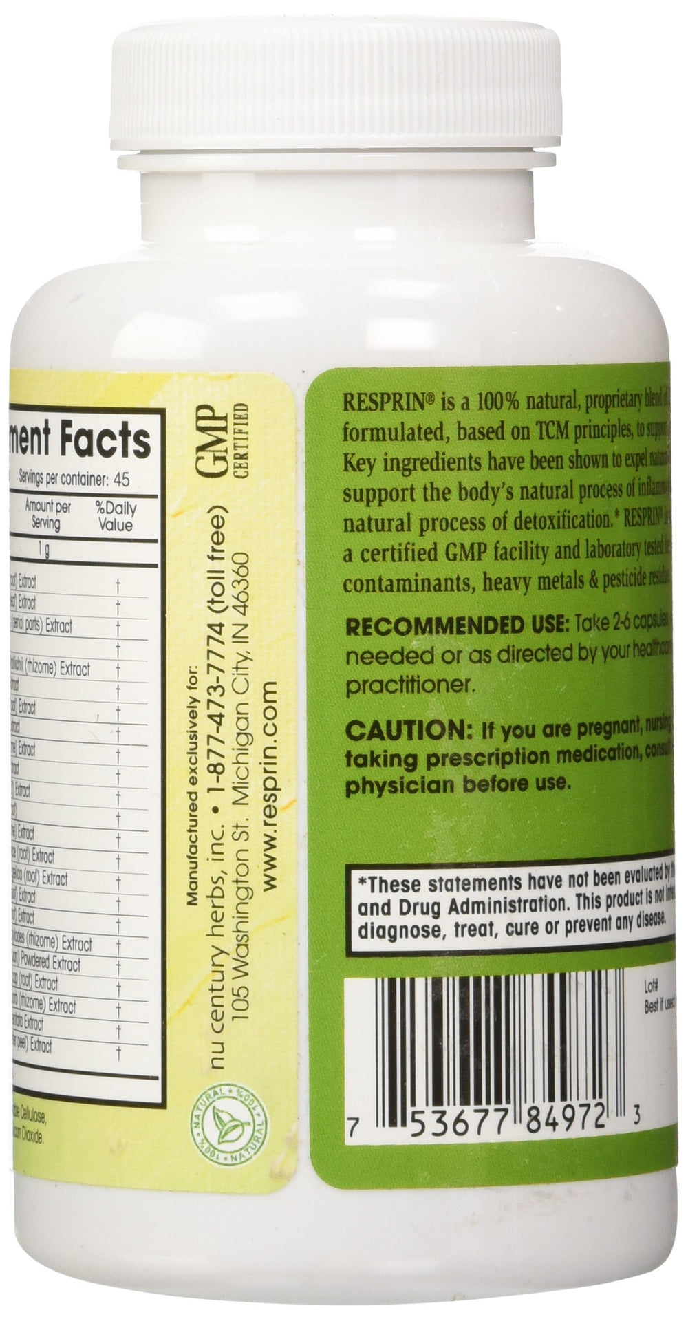 Resprin Respirin bottle label closeup highlights the 23-herb formula and vegan manufacturing