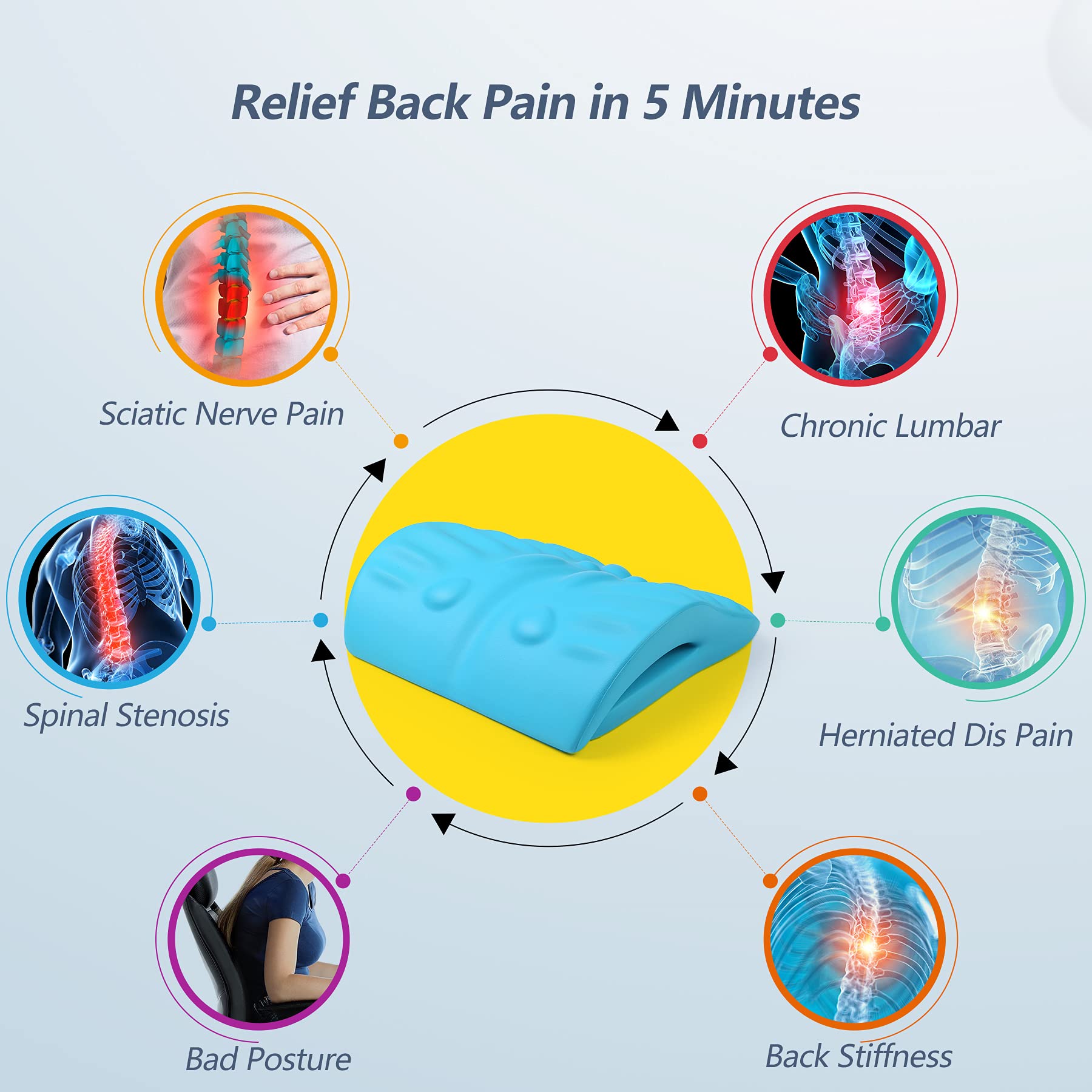RESTCLOUD back stretcher shows C-shaped curvature aligning with spine for gentle stretches.
